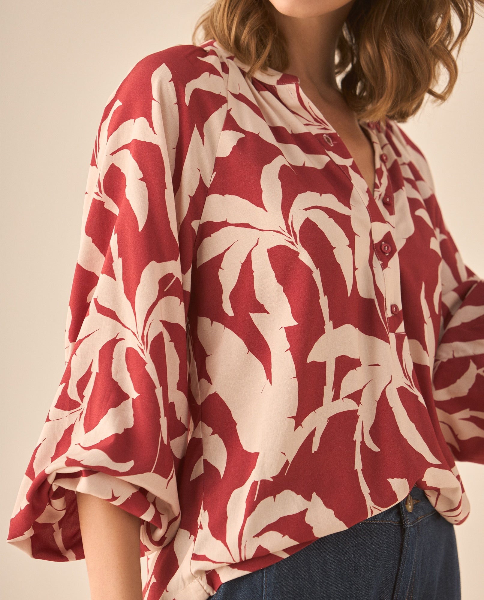 Camisa con media perilla de botones para mujer - Rojo 34_613G038_ROJ191652_3