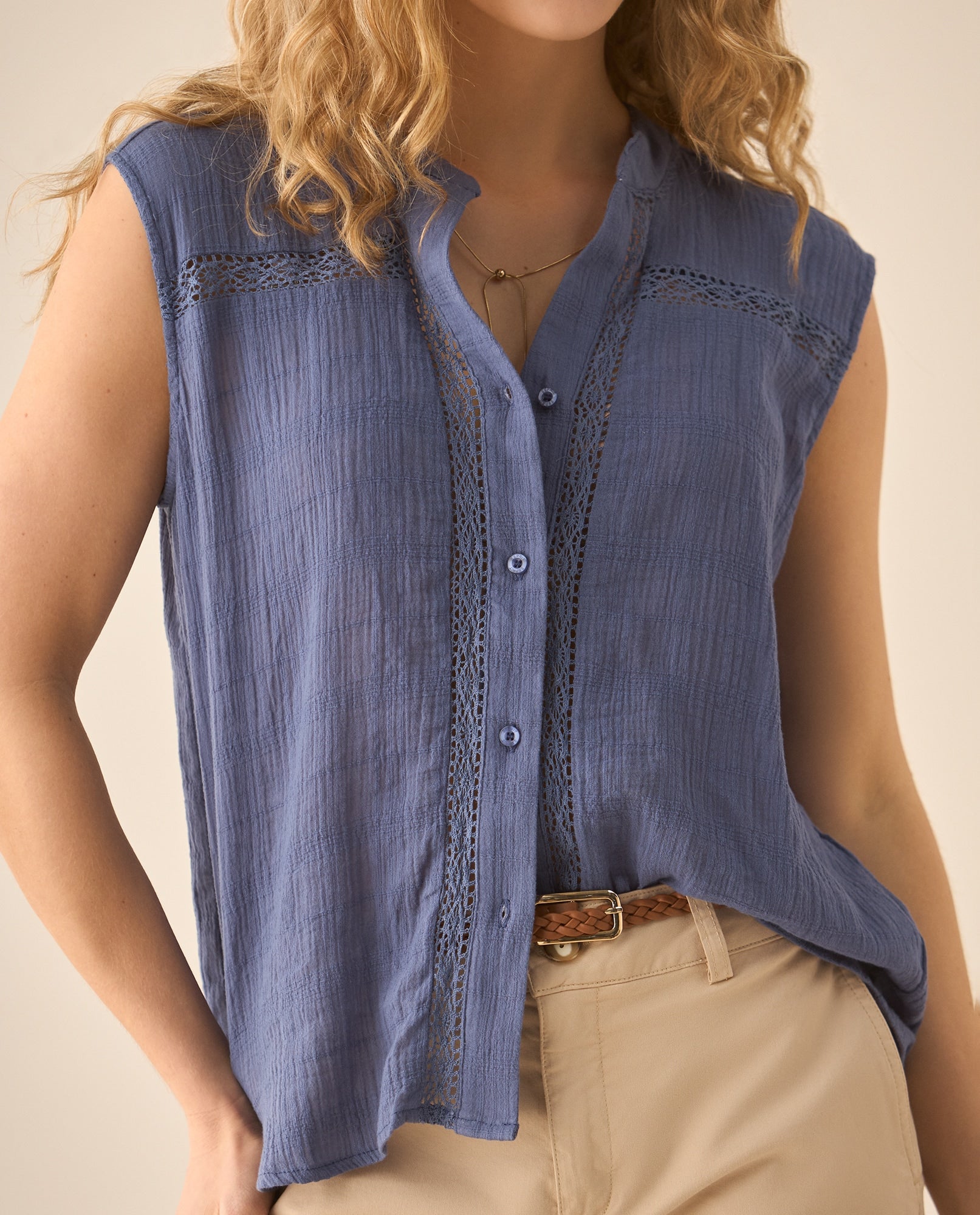 Camisa manga sisa con cortes tejidos para mujer  - Azul 34_613G040_AZU183921_0