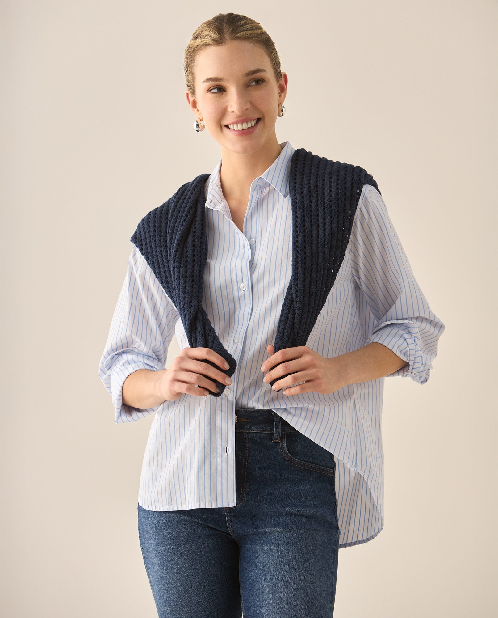 Camisa manga larga de diseño a rayas para mujer  - Blanco 34_613G060_BLA110601_0