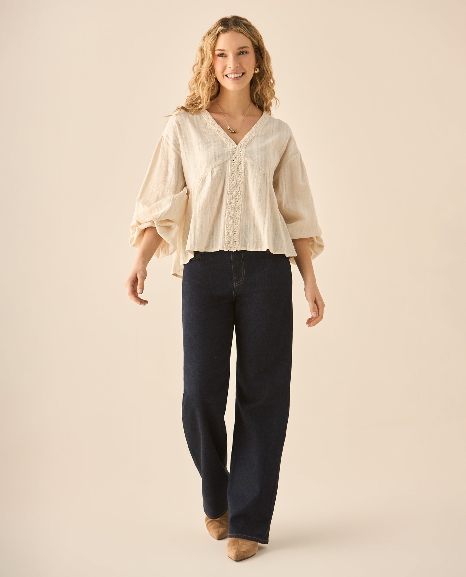 Camisa manga larga con volumen y detalles en crochet para mujer  - Blanco 34_613G091_BLA120601_5