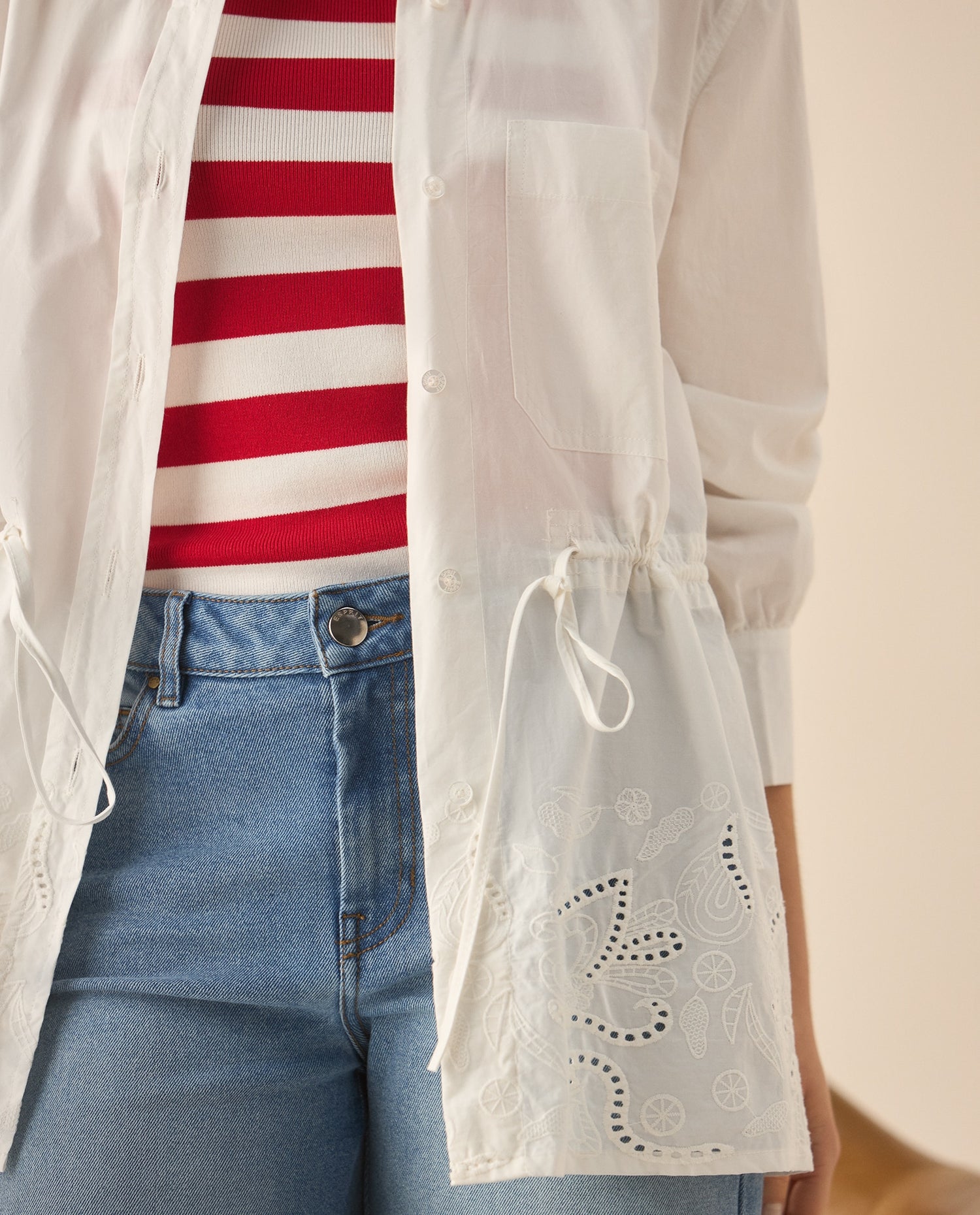 Camisa manga larga con bordado para mujer  - Blanco