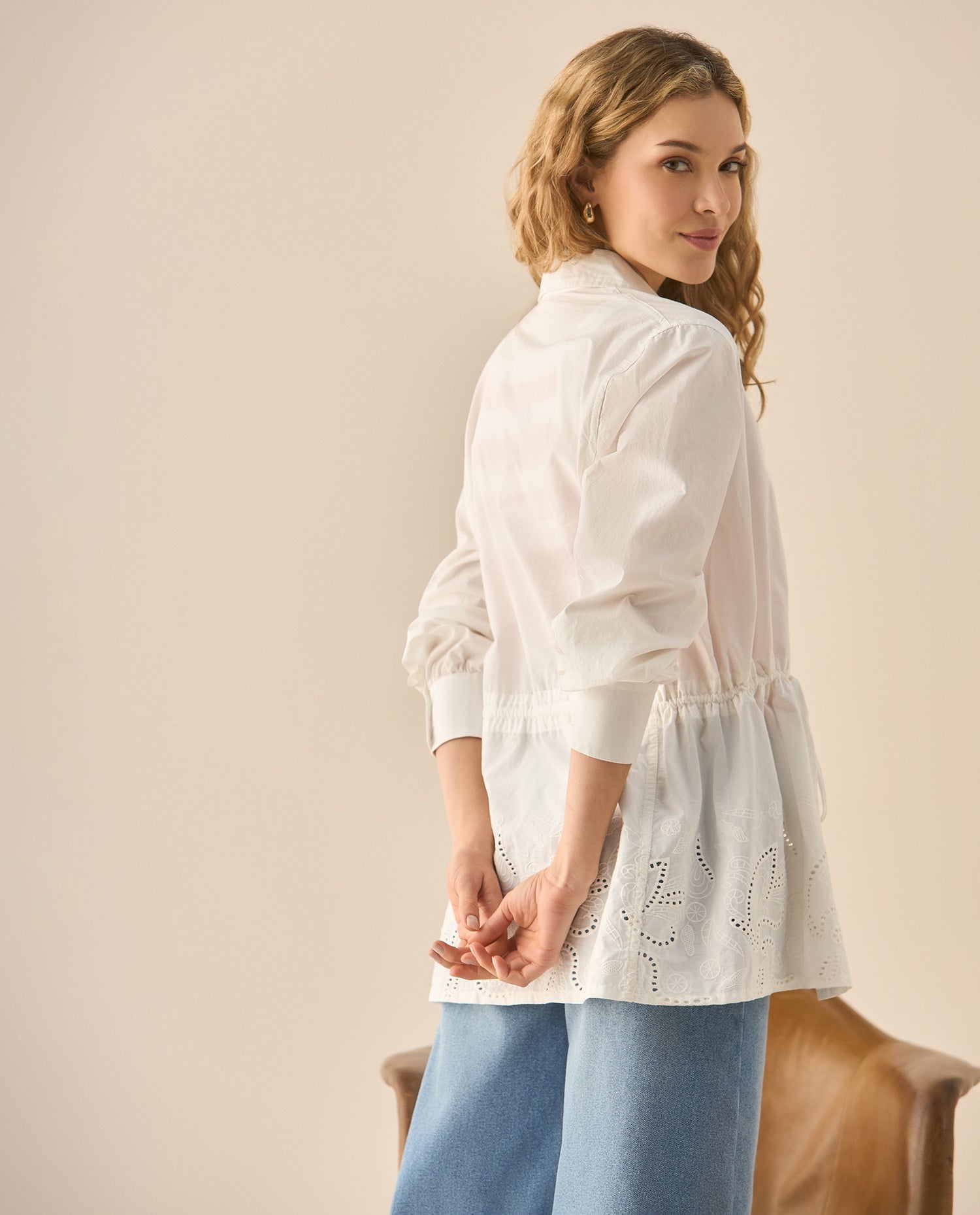 Camisa manga larga con bordado para mujer  - Blanco