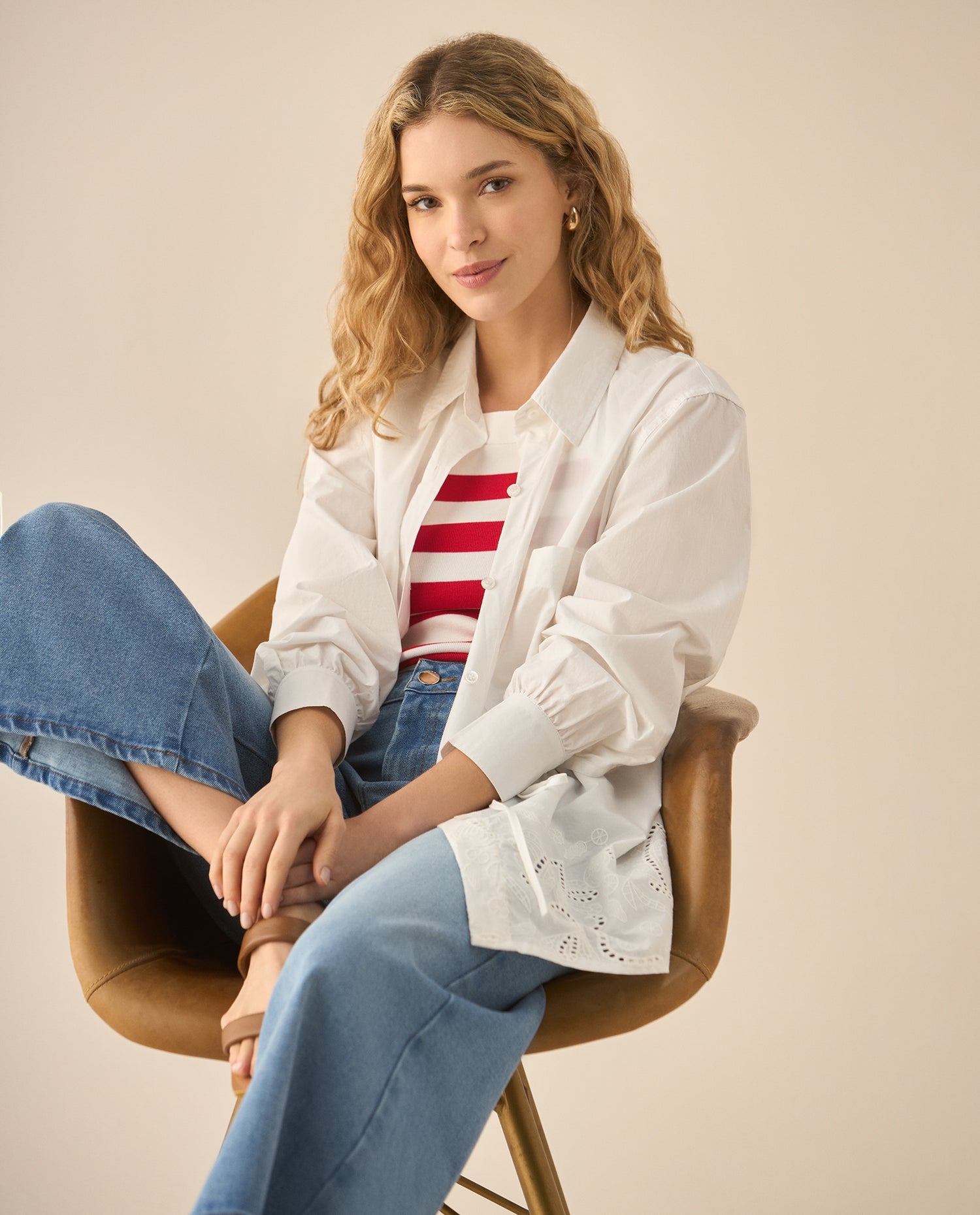 Camisa manga larga con bordado para mujer  - Blanco