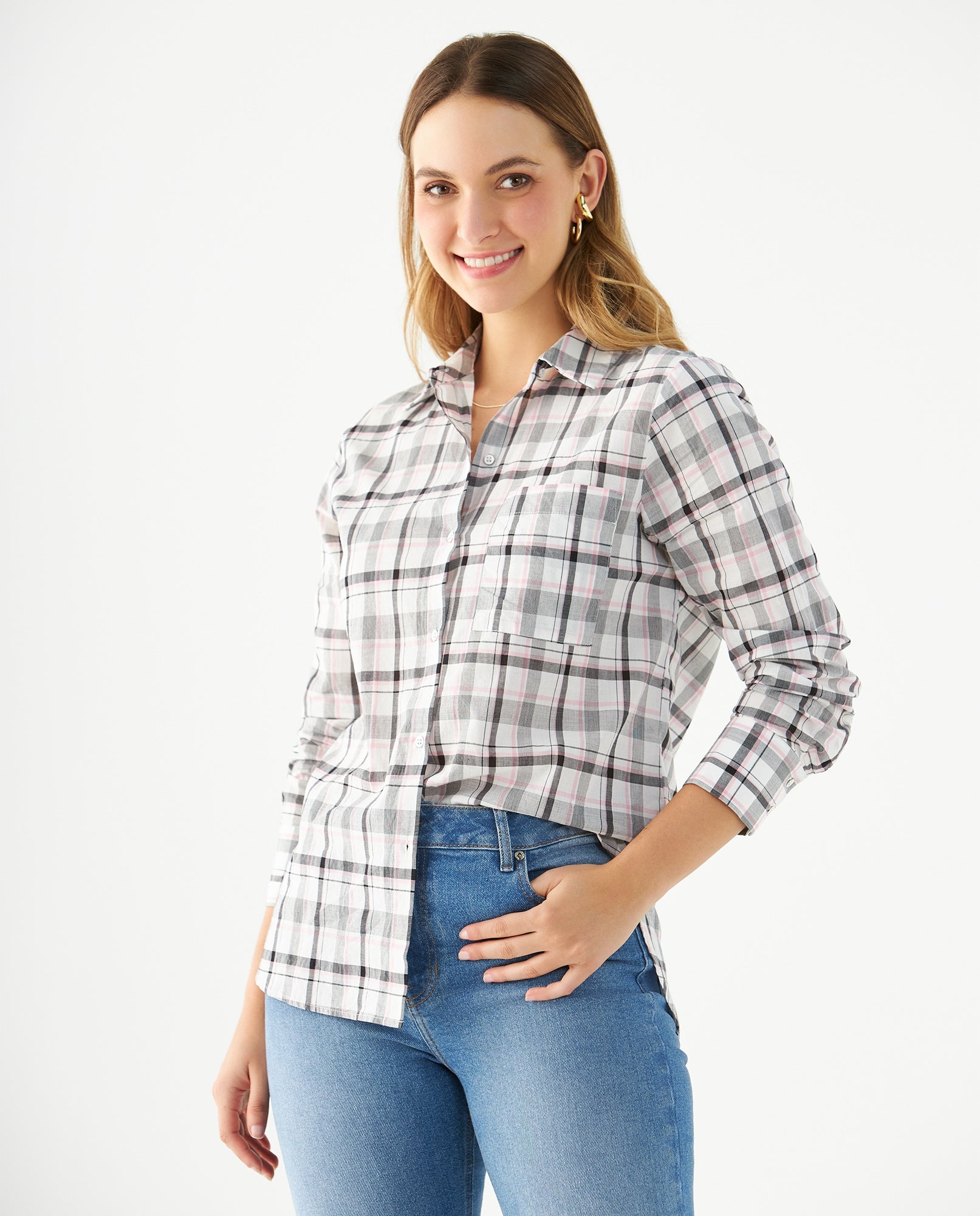 Camisa con diseño a cuadros para mujer - Crudo 34_615F003_CRU110602_0