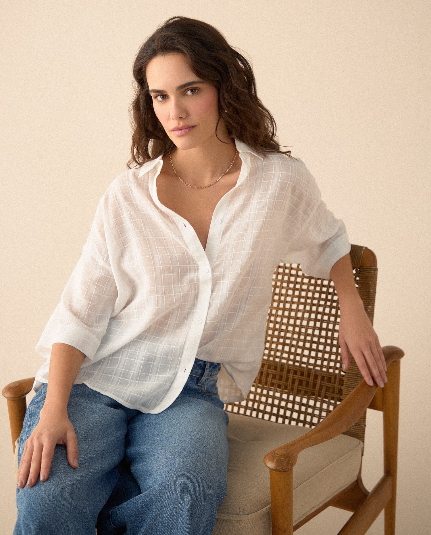 Camisa de tela con transparencia para mujer - Crudo