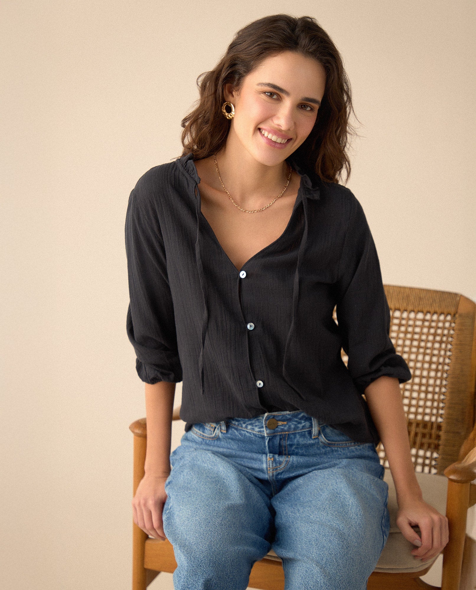 Camisa con bolero en cuello para mujer - Negro 34_615F328_NEG194003_5