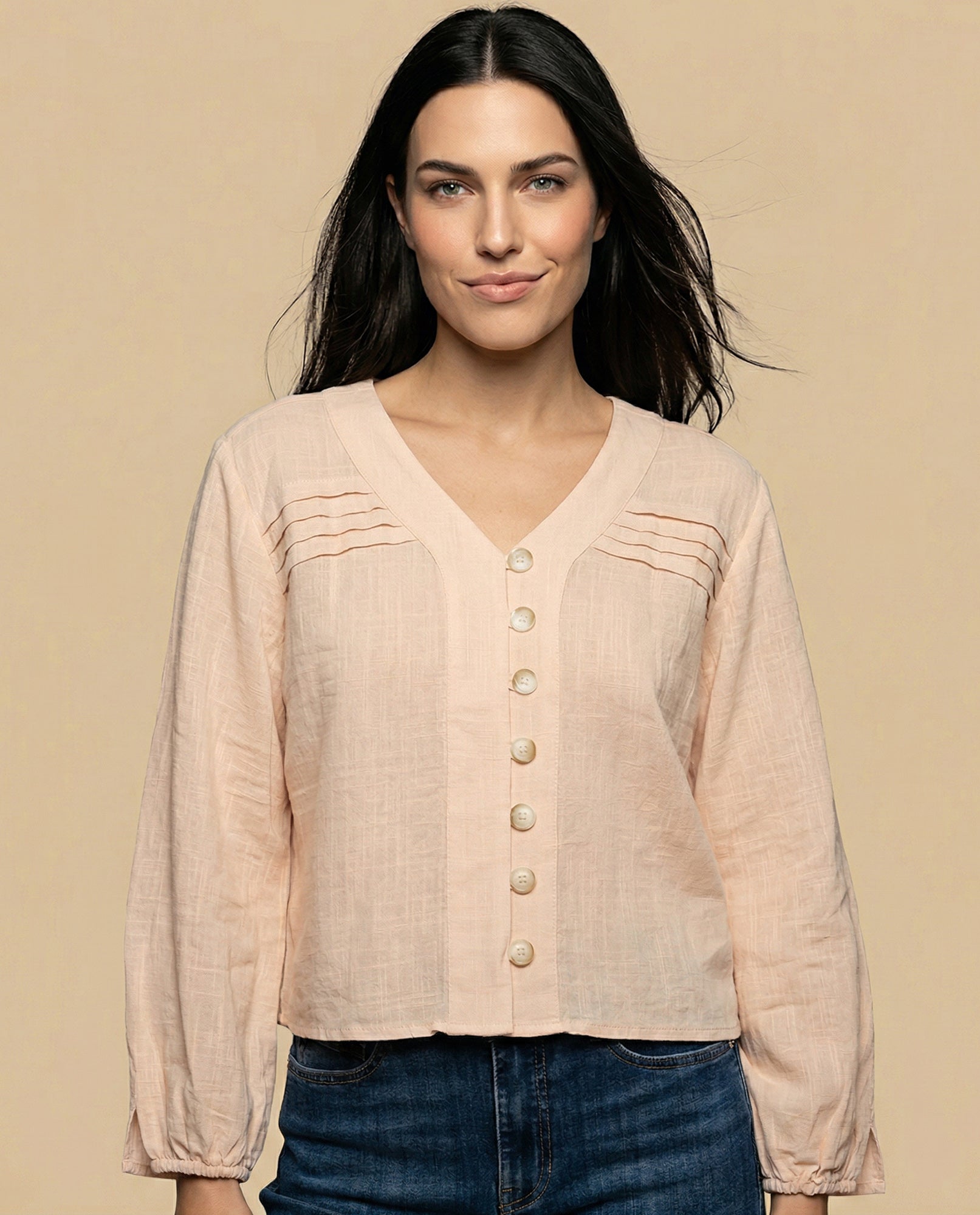 Camisa manga larga cuello camisero - Beige 34_615F329_BEI130607_0