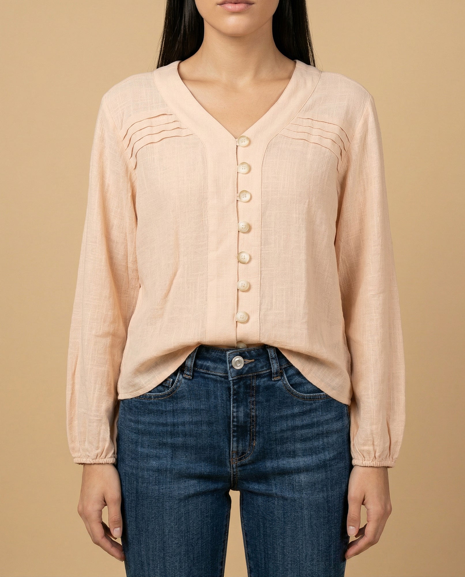 Camisa manga larga cuello camisero - Beige 34_615F329_BEI130607_3