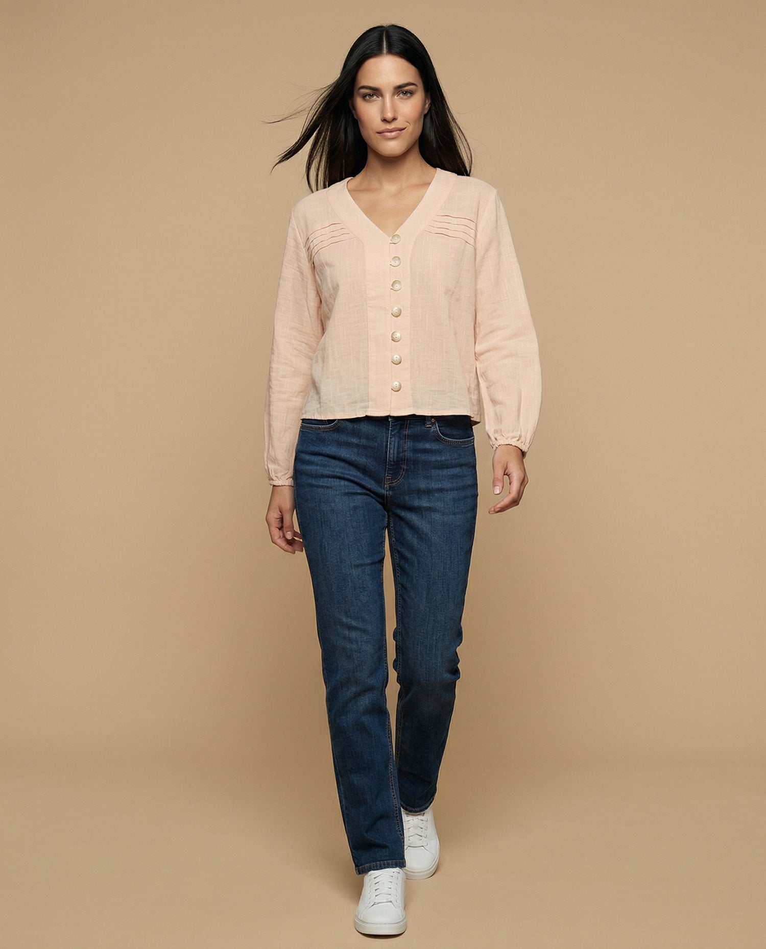 Camisa manga larga cuello camisero - Beige