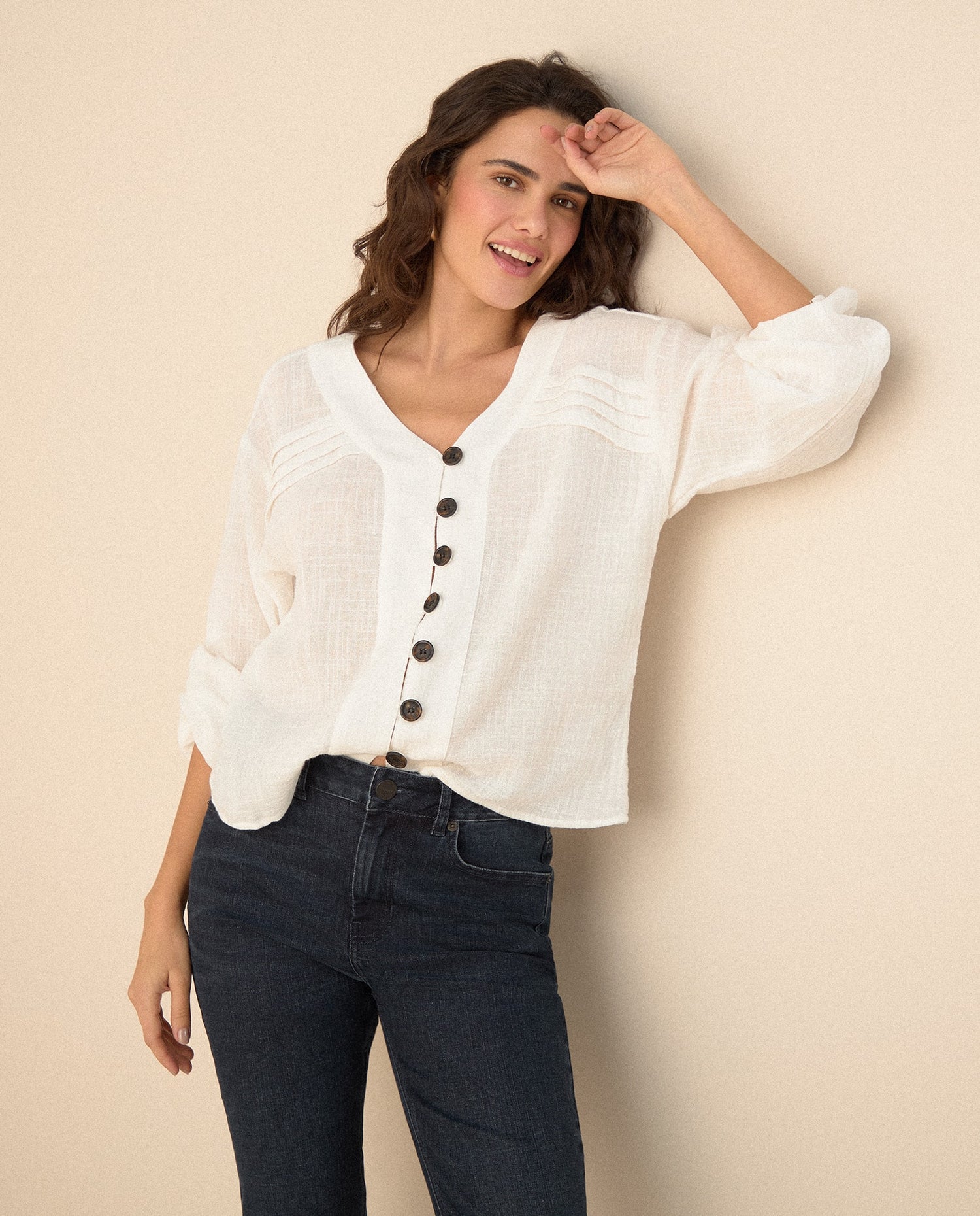 Camisa manga larga cuello camisero - Crudo