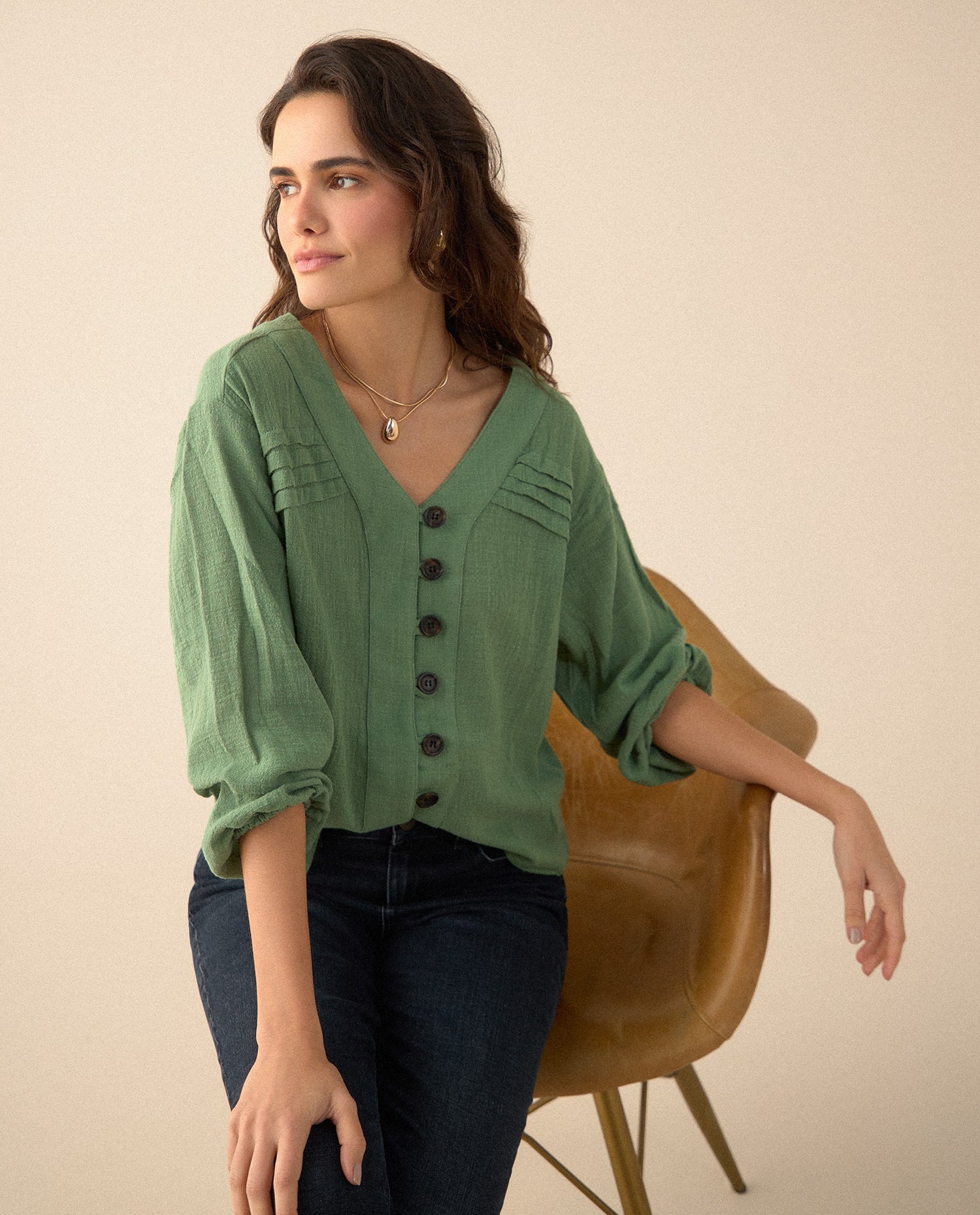 Camisa manga larga cuello camisero - Verde