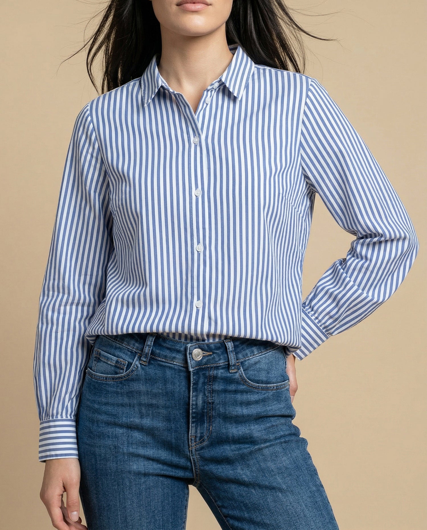 Camisa manga larga cuello camisero de caída ligera - Azul