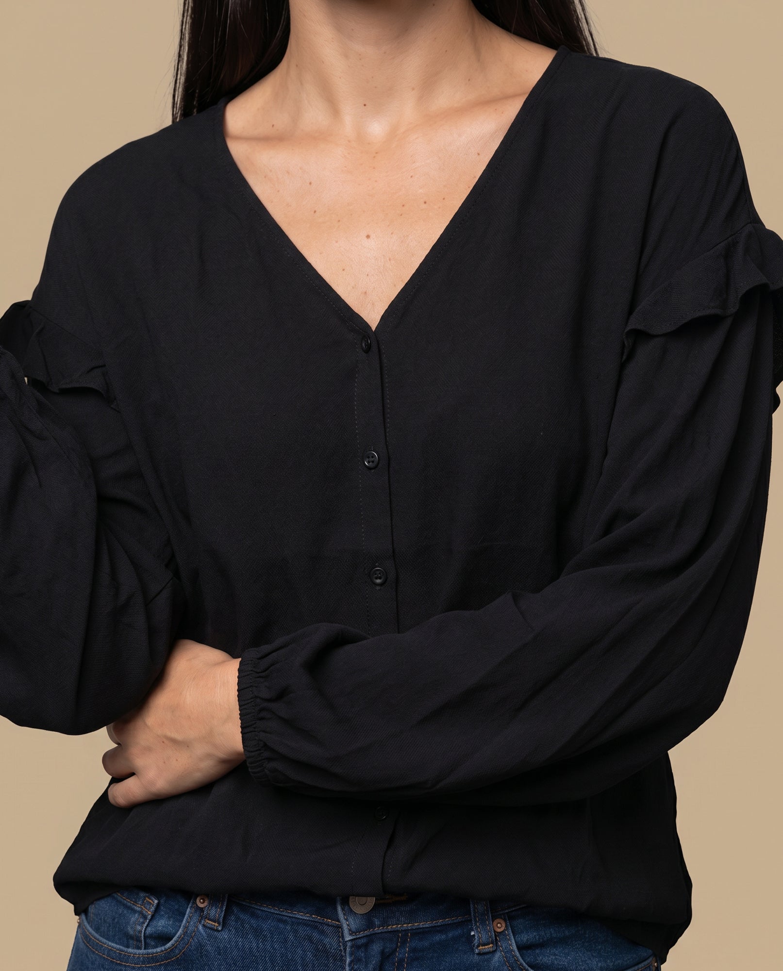 Camisa con bolero en hombros para mujer - Negro 34_615G302_NEG193713_3