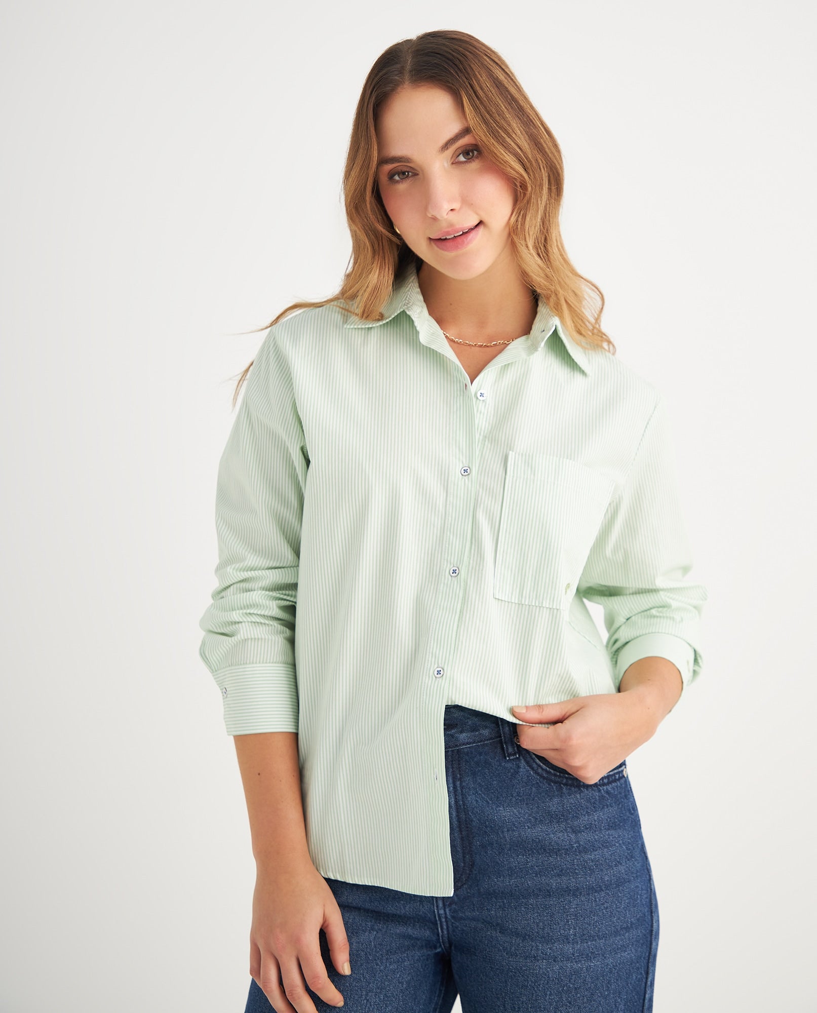 Camisa de diseño a rayas para mujer - Verde 34_619F011_VER140121_0