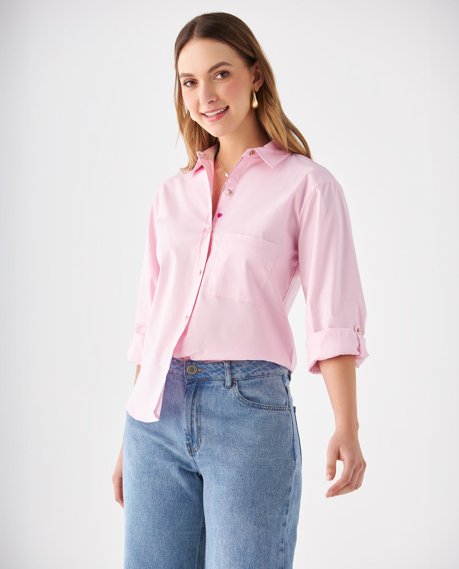 Camisa con bolsillo de parche para mujer - Rosa