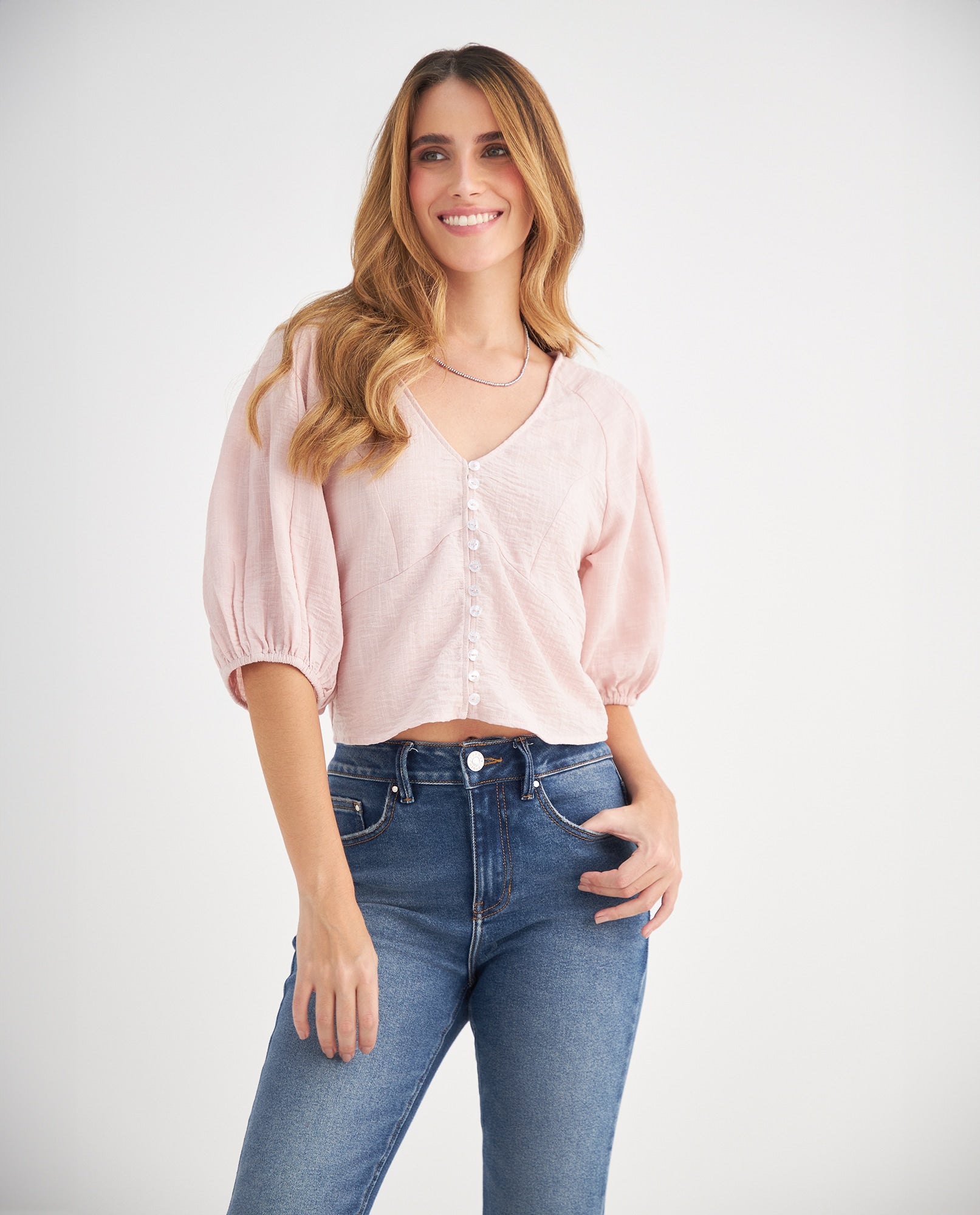 Camisa con cuello en V para mujer - Rosa 34_619F030_ROS141905_0