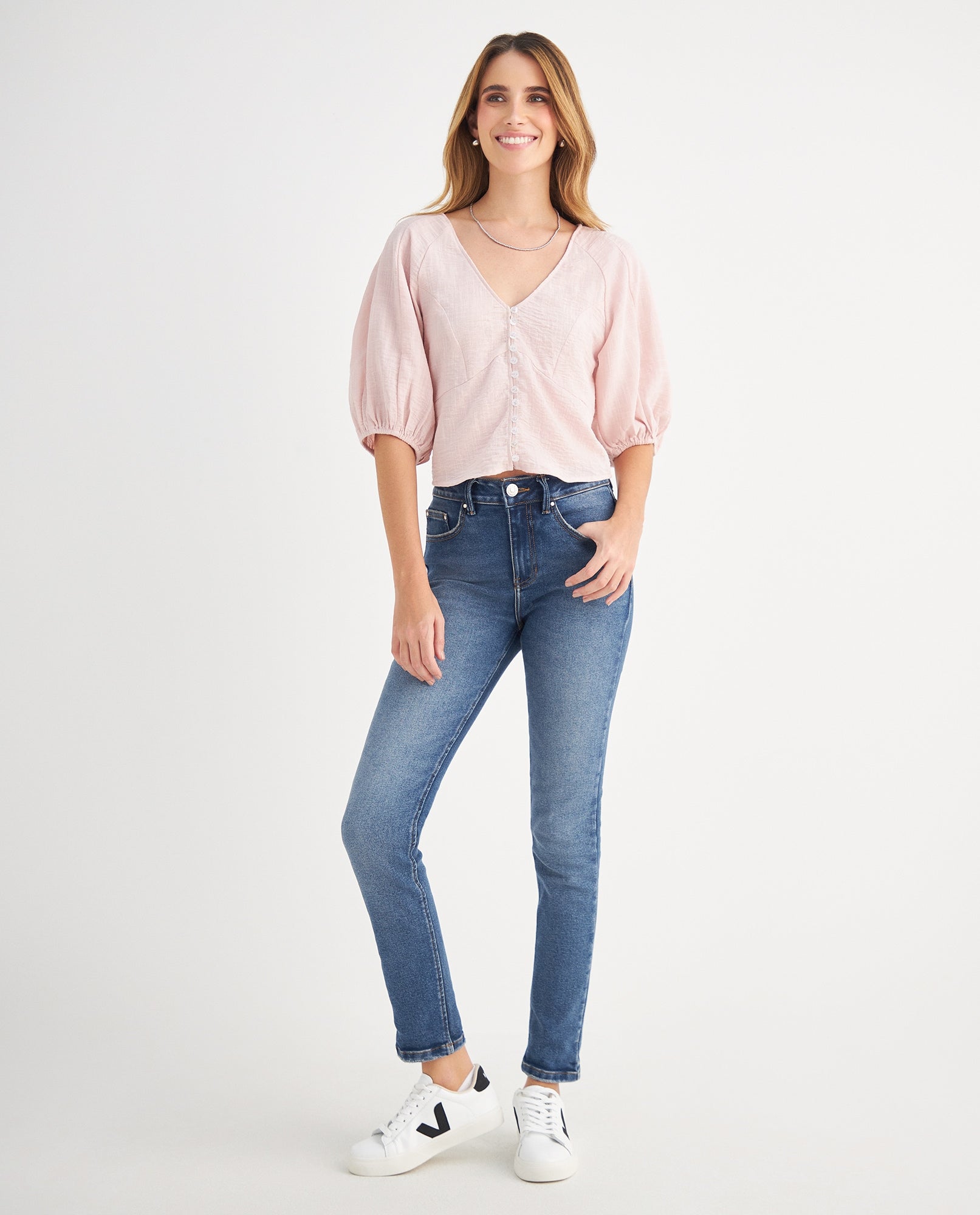 Camisa con cuello en V para mujer - Rosa 34_619F030_ROS141905_5