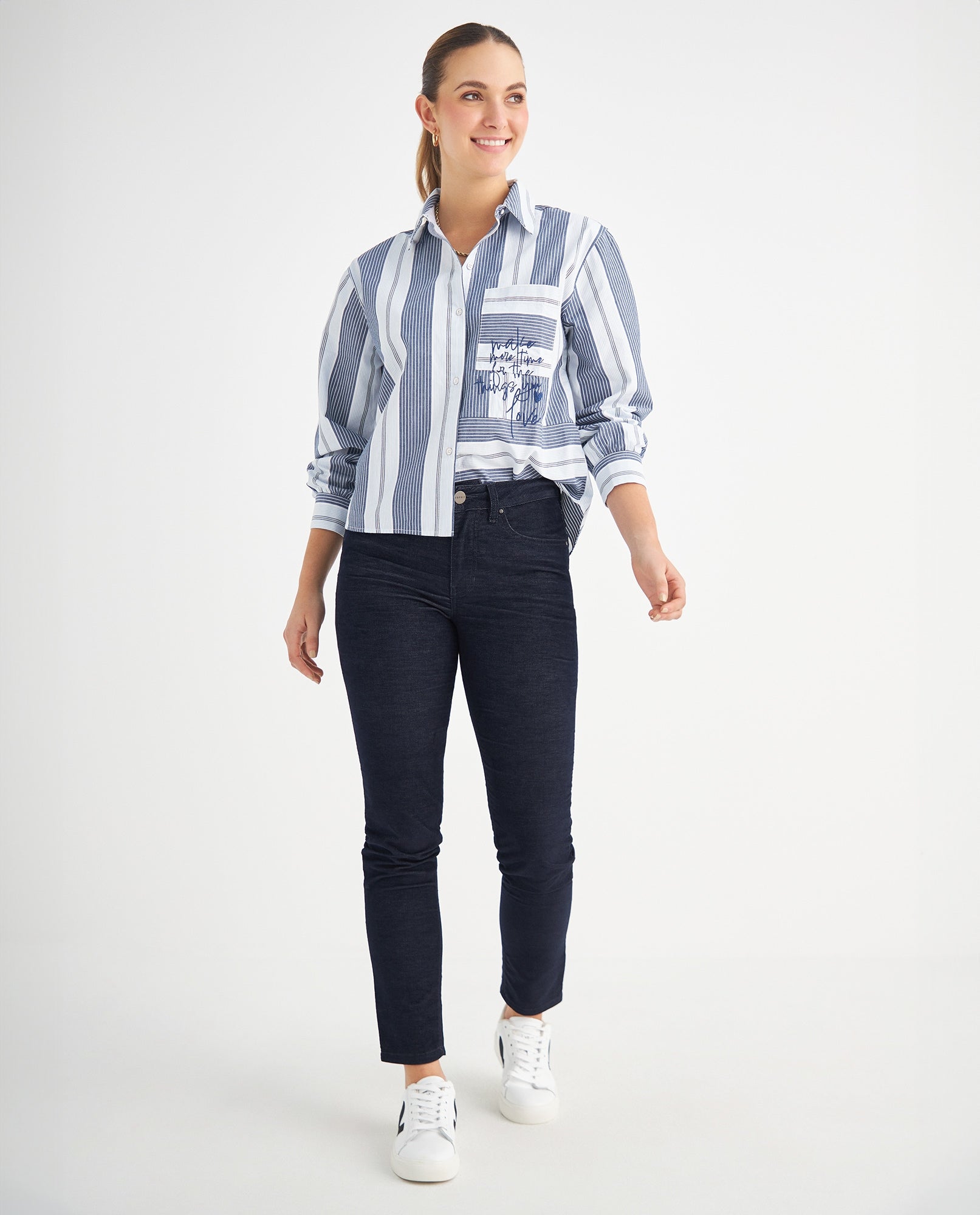 Camisa con bordado de letras para mujer - Azul 34_619F035_AZU193923_5