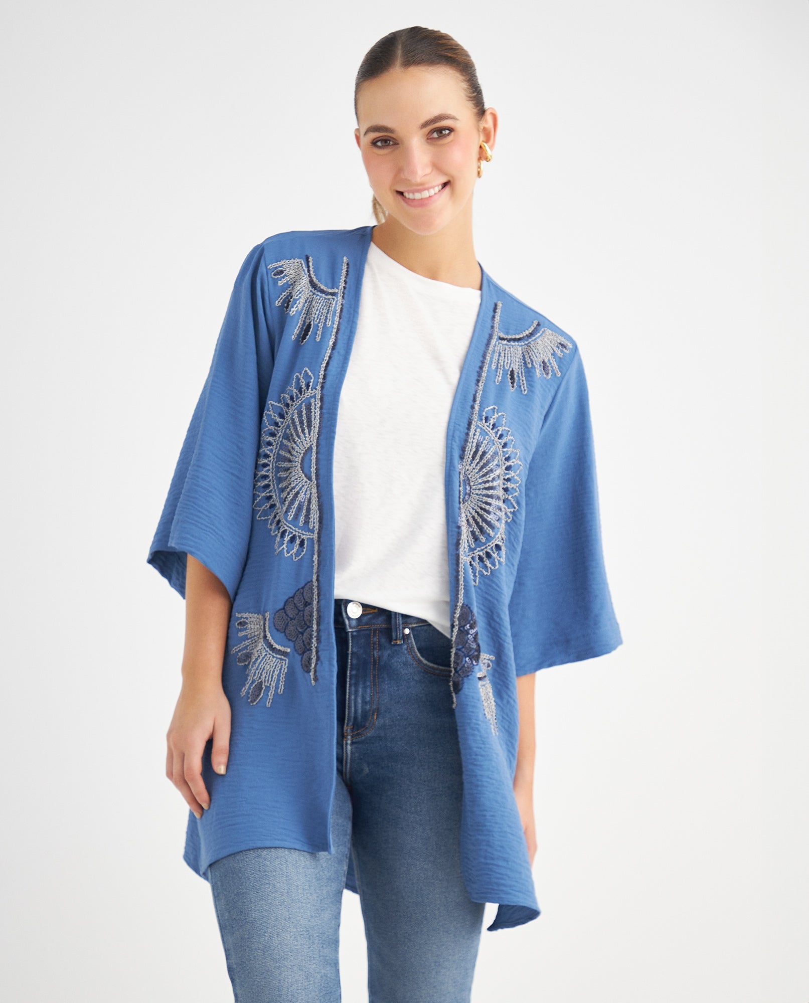 Kimono con apliques bordados para mujer - Azul 34_619F037_AZU174123_0