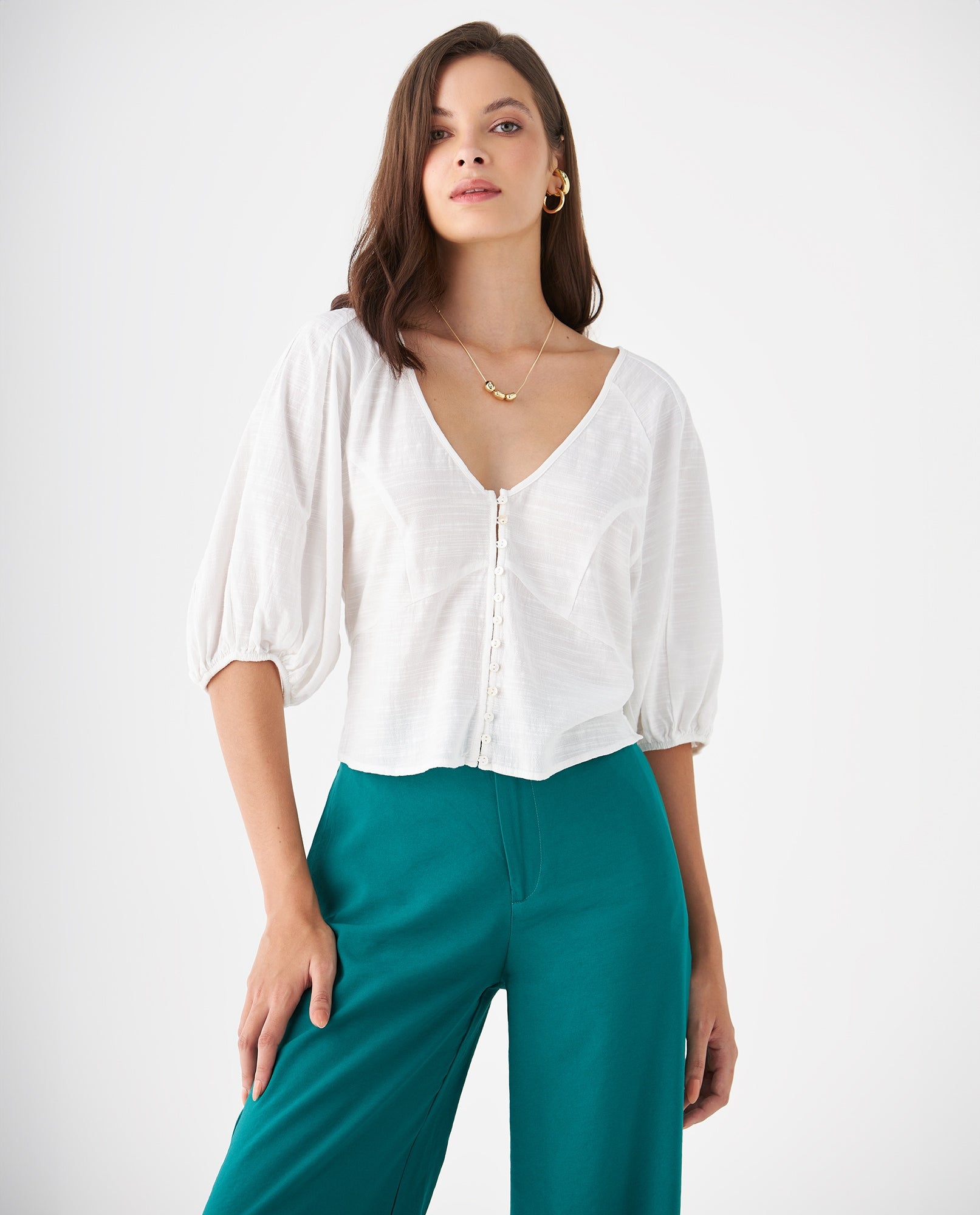 Camisa manga corta con volumen para mujer - Crudo 34_619F069_CRU110602_6