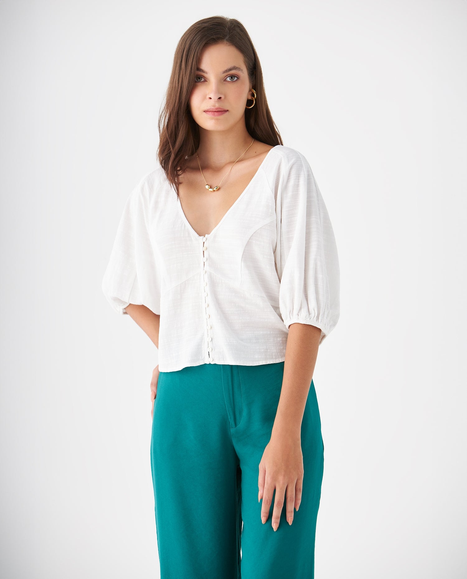 Camisa manga corta con volumen para mujer - Crudo