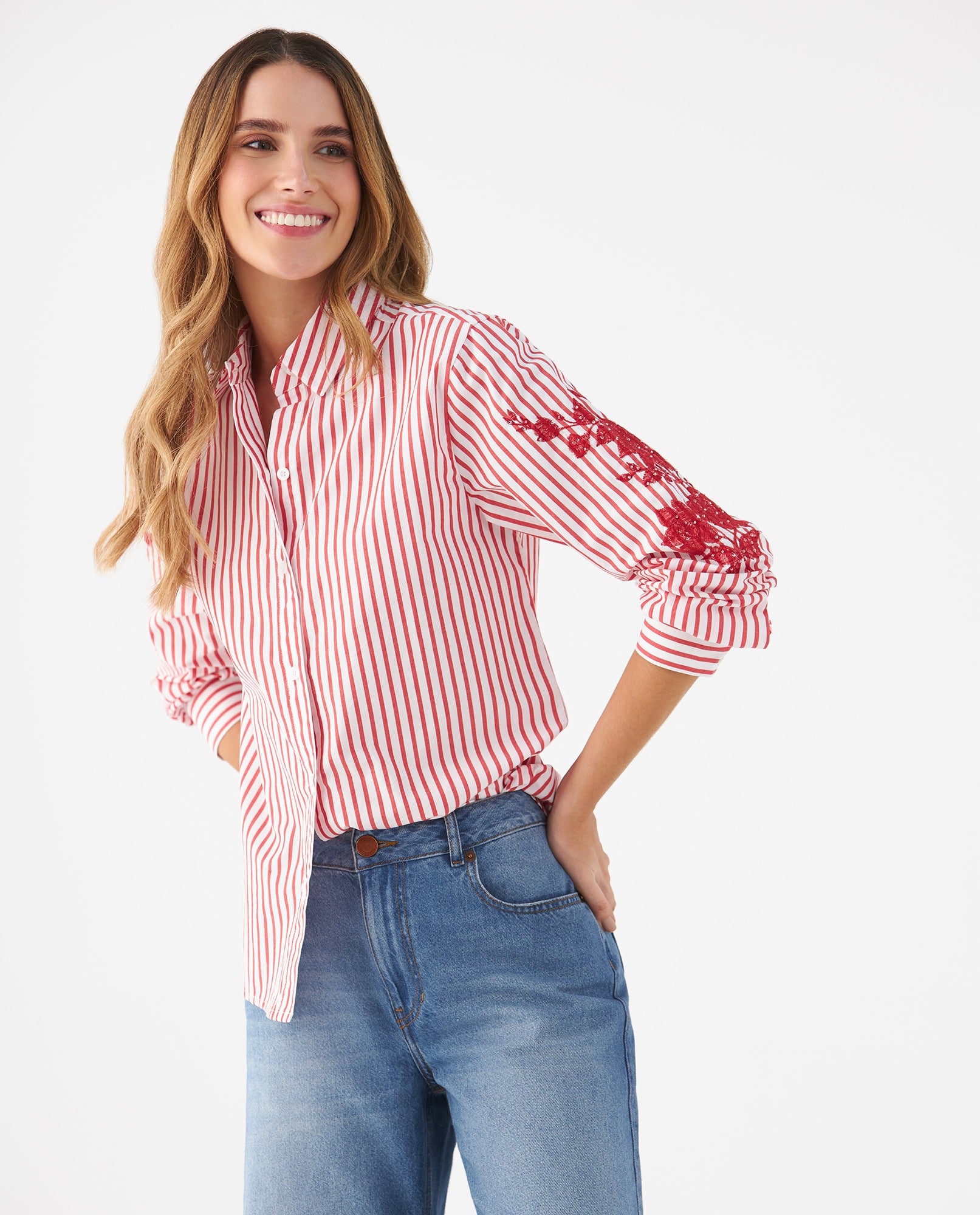 Camisa con diseño a rayas para mujer - Rojo 34_619F070_ROJ191763_0