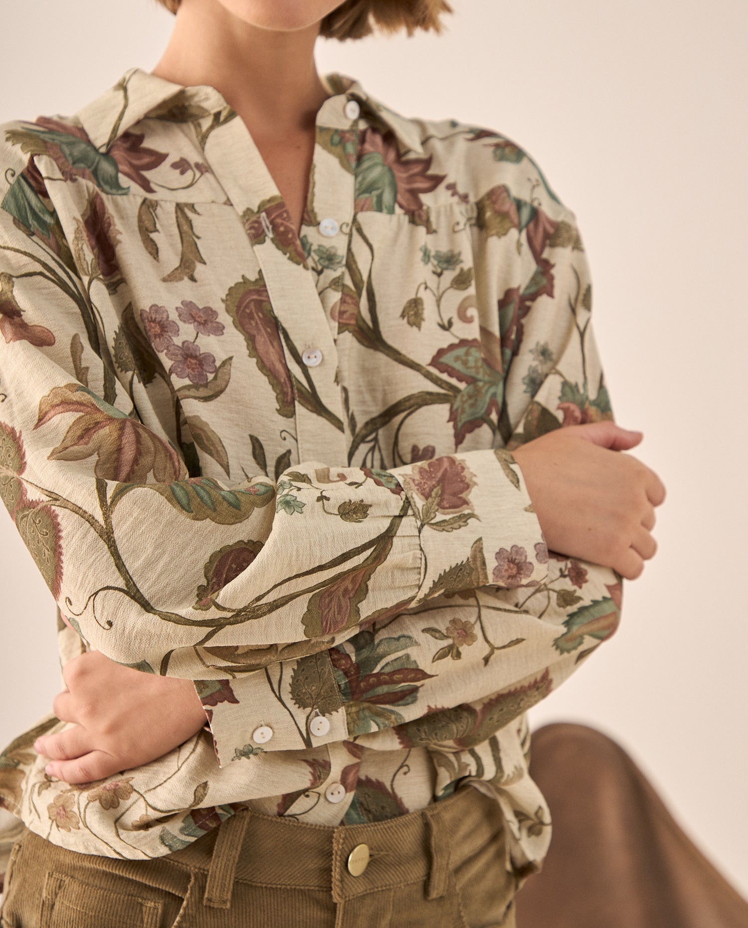 Camisa Estampada Botánica Manga Larga - Blanco