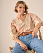 Blusa Floral Patchwork Rosa Manga 3/4 - Rosa