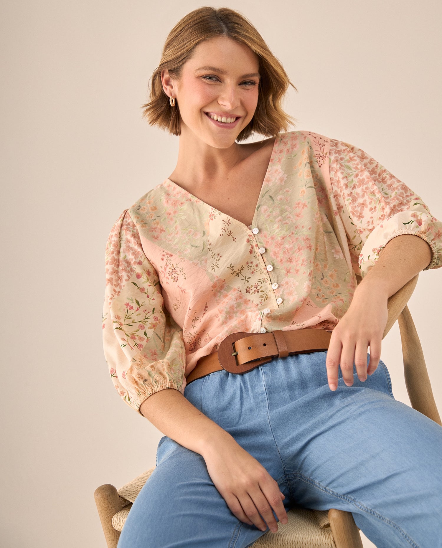 Blusa Floral Patchwork Rosa Manga 3/4 - Rosa