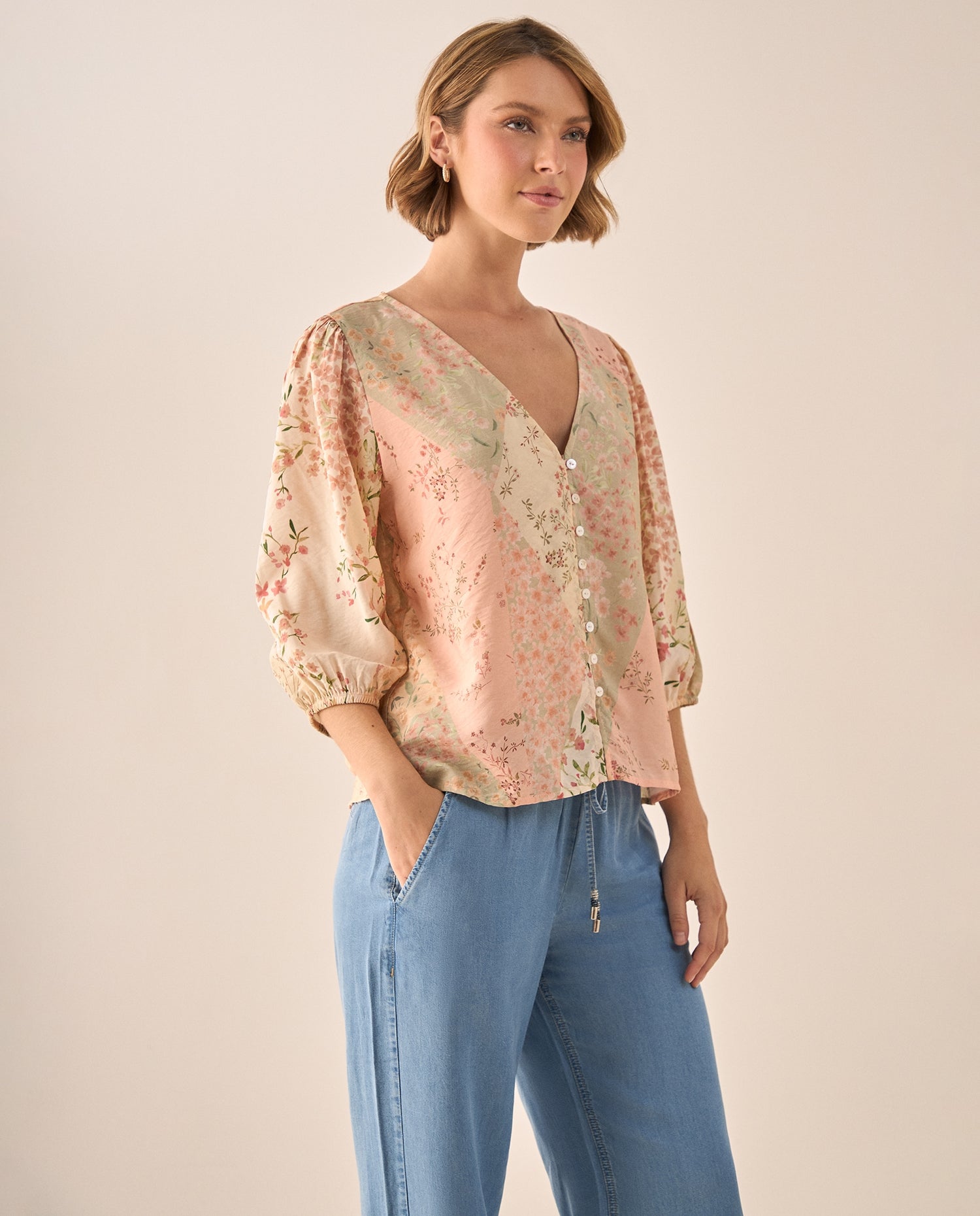 Blusa Floral Patchwork Rosa Manga 3/4 - Rosa
