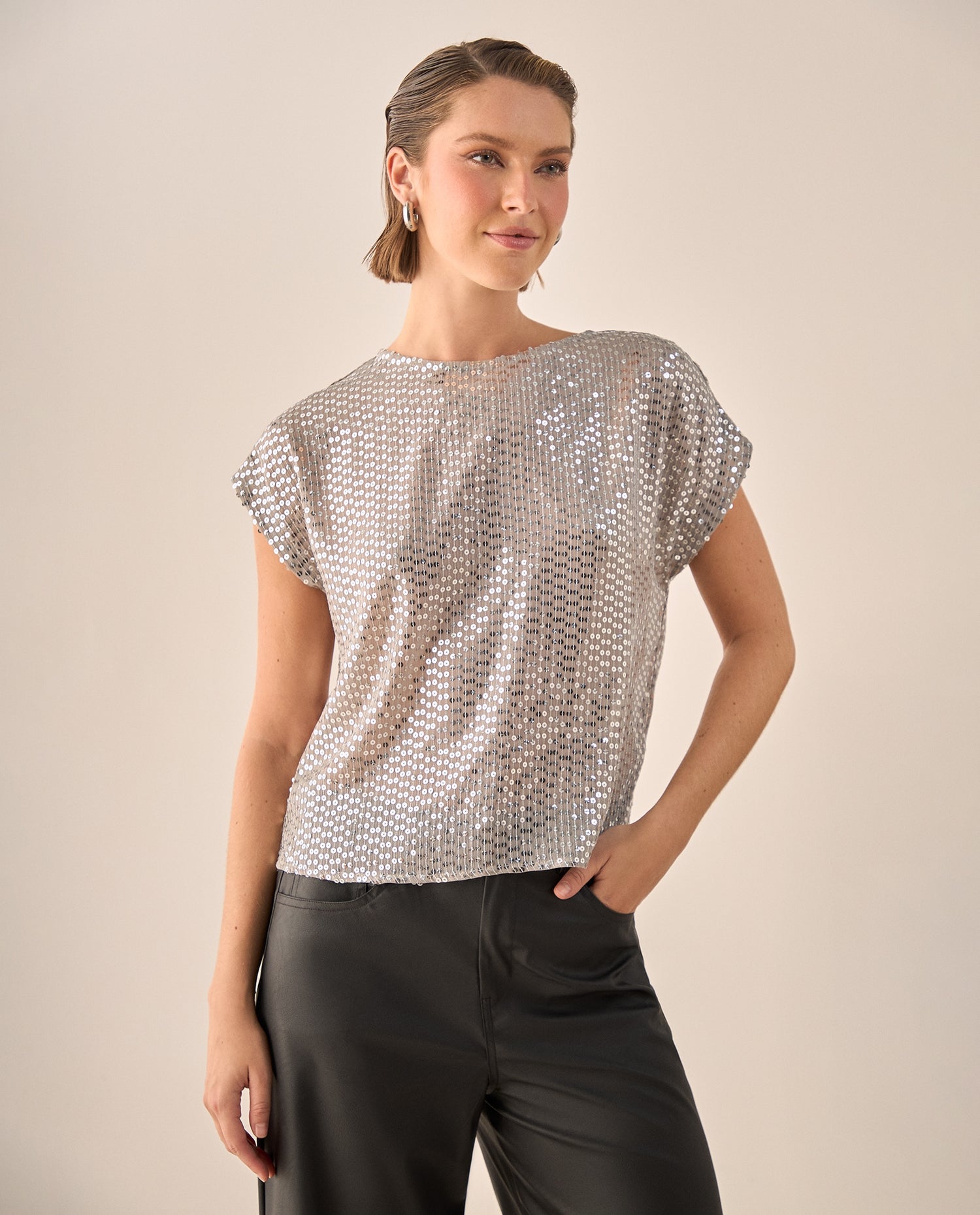 Camisa Gris con Lentejuelas Plateadas - Gris