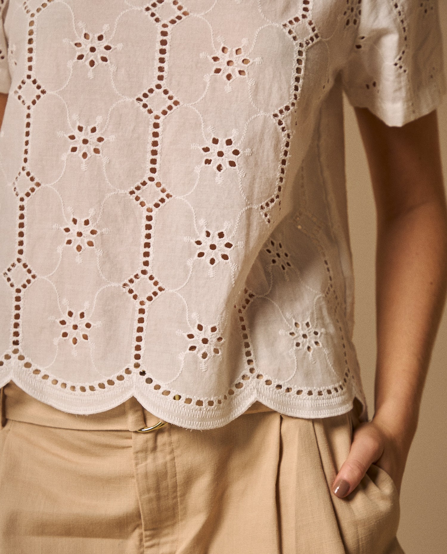 Camisa Bordado Inglés con Detalles Calados - Crudo