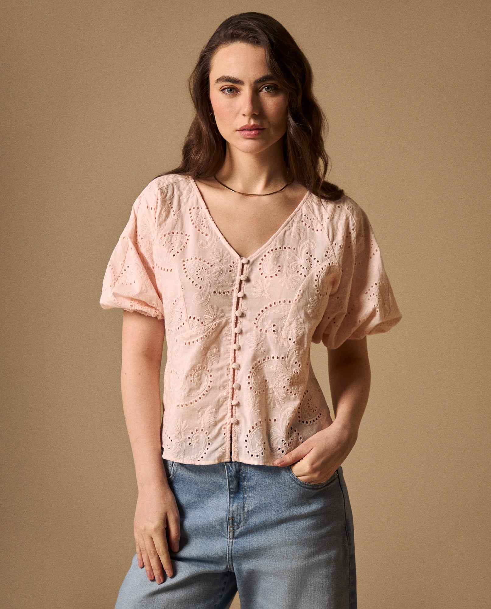 Camisa Rosa con Bordados Calados Artesanales - Rosa 34_619G041_ROS121106_0