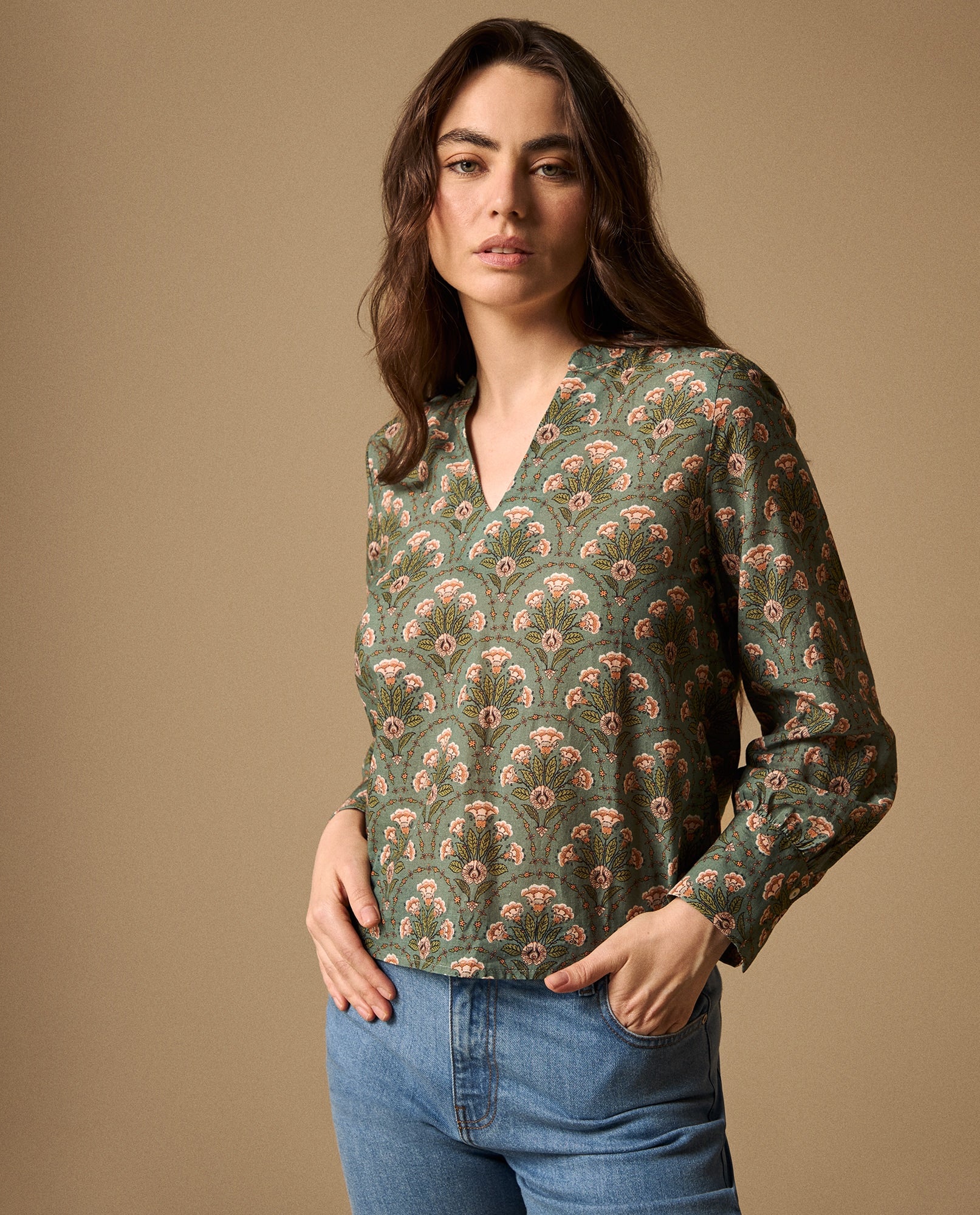 Camisa Estampado Botánico Manga Larga - Verde 34_619G044_VER176009_0