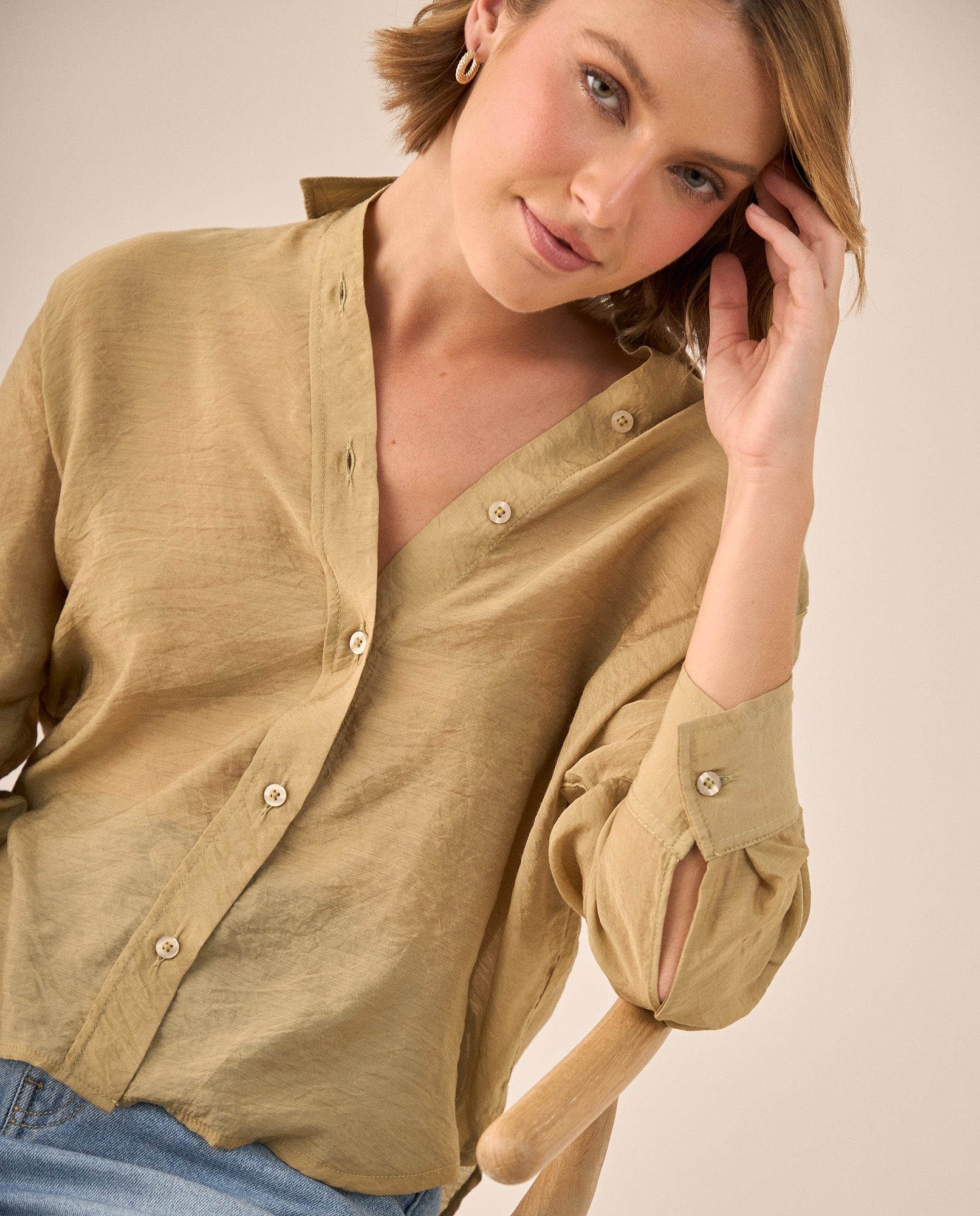 Camisa Beige Oversized con Cuello Camisero - Beige 34_619G048_BEI161110_0
