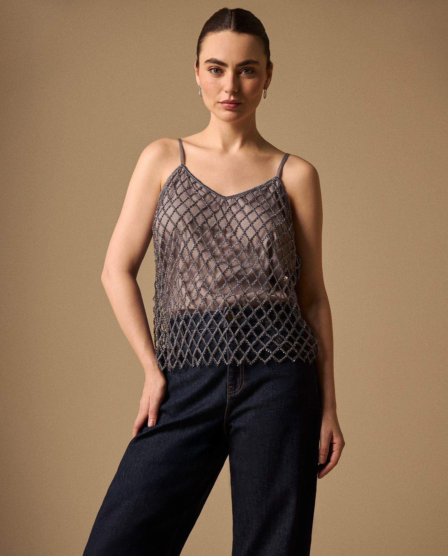 Top Bordado Geométrico con Lentejuelas - Gris