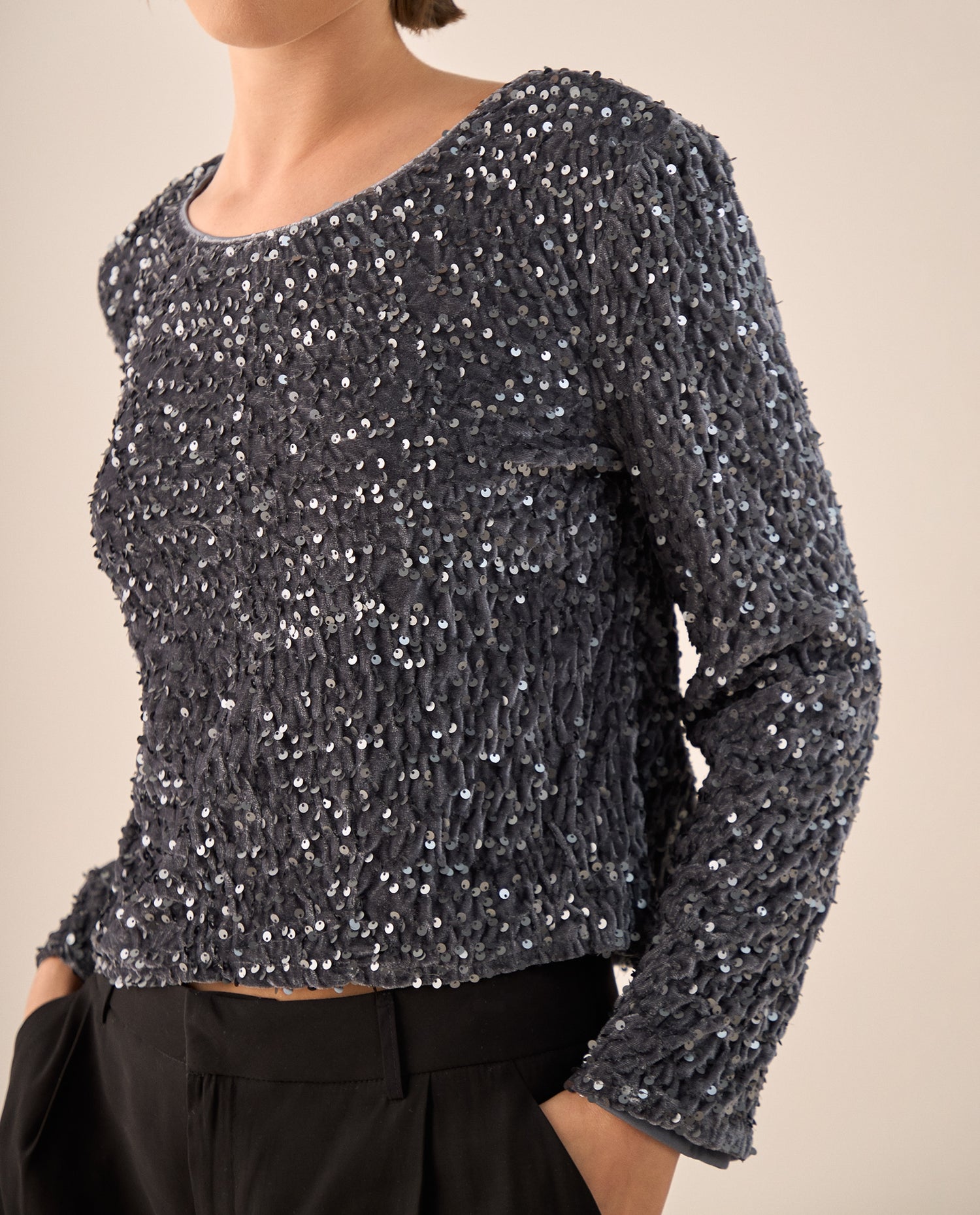 Camisa Lentejuelas Gris Plata Brillante - Gris