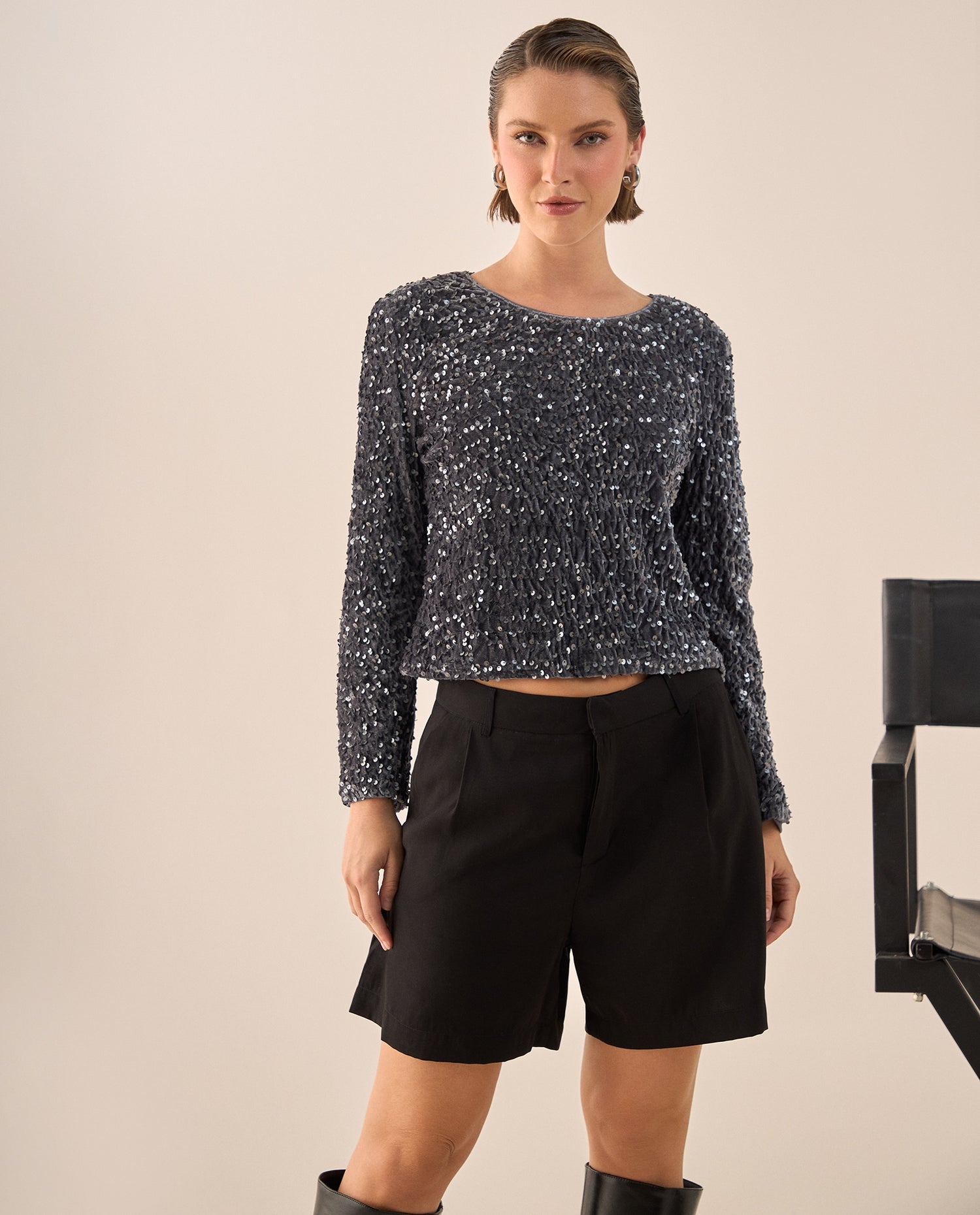 Camisa Lentejuelas Gris Plata Brillante - Gris