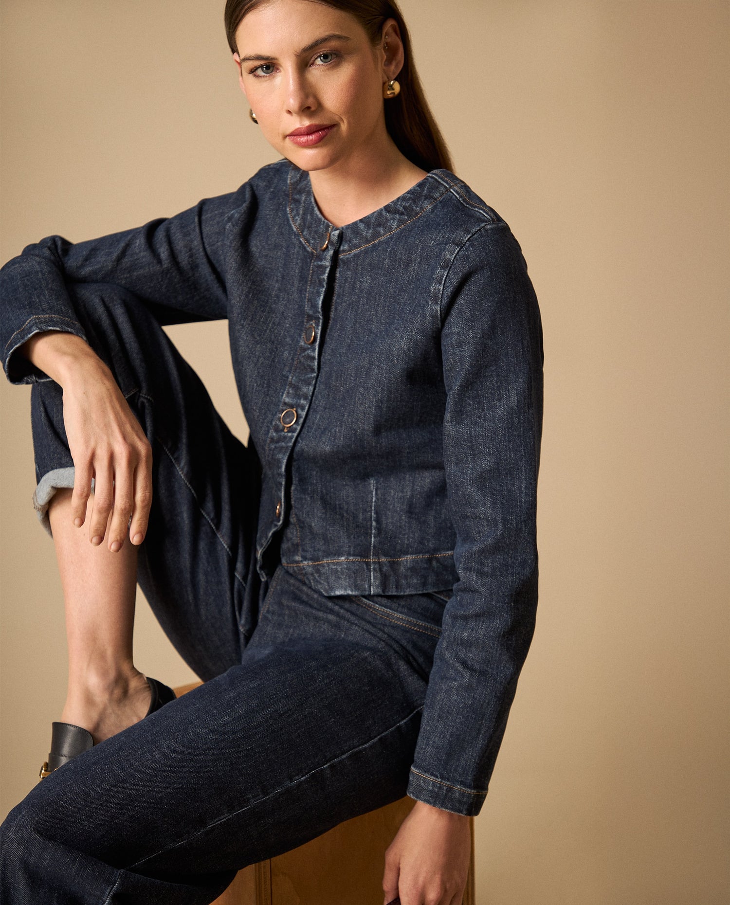Chaqueta de denim sin cuello con botones frontales - Azul