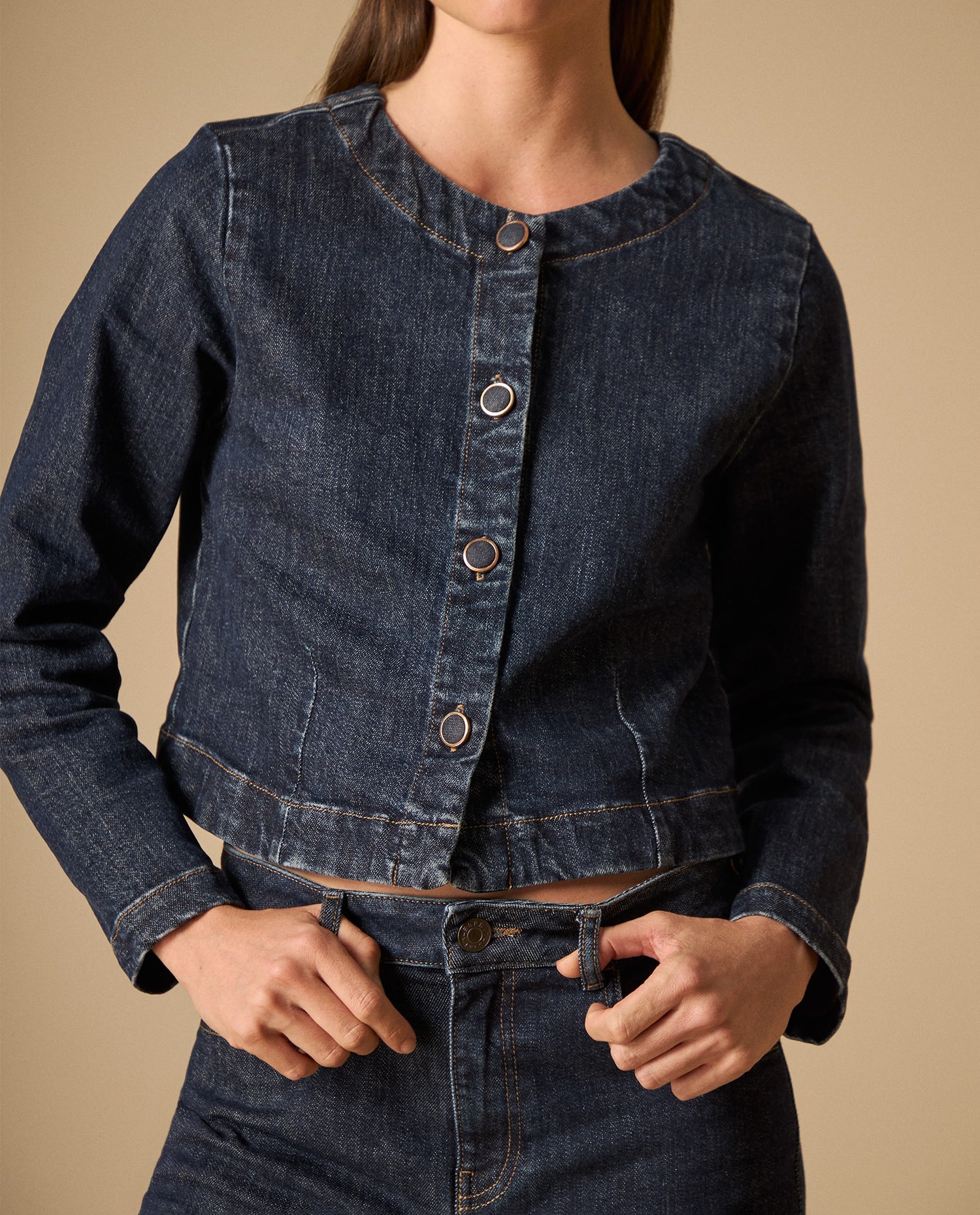 Chaqueta de denim sin cuello con botones frontales - Azul