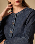 Chaqueta de denim sin cuello con botones frontales - Azul