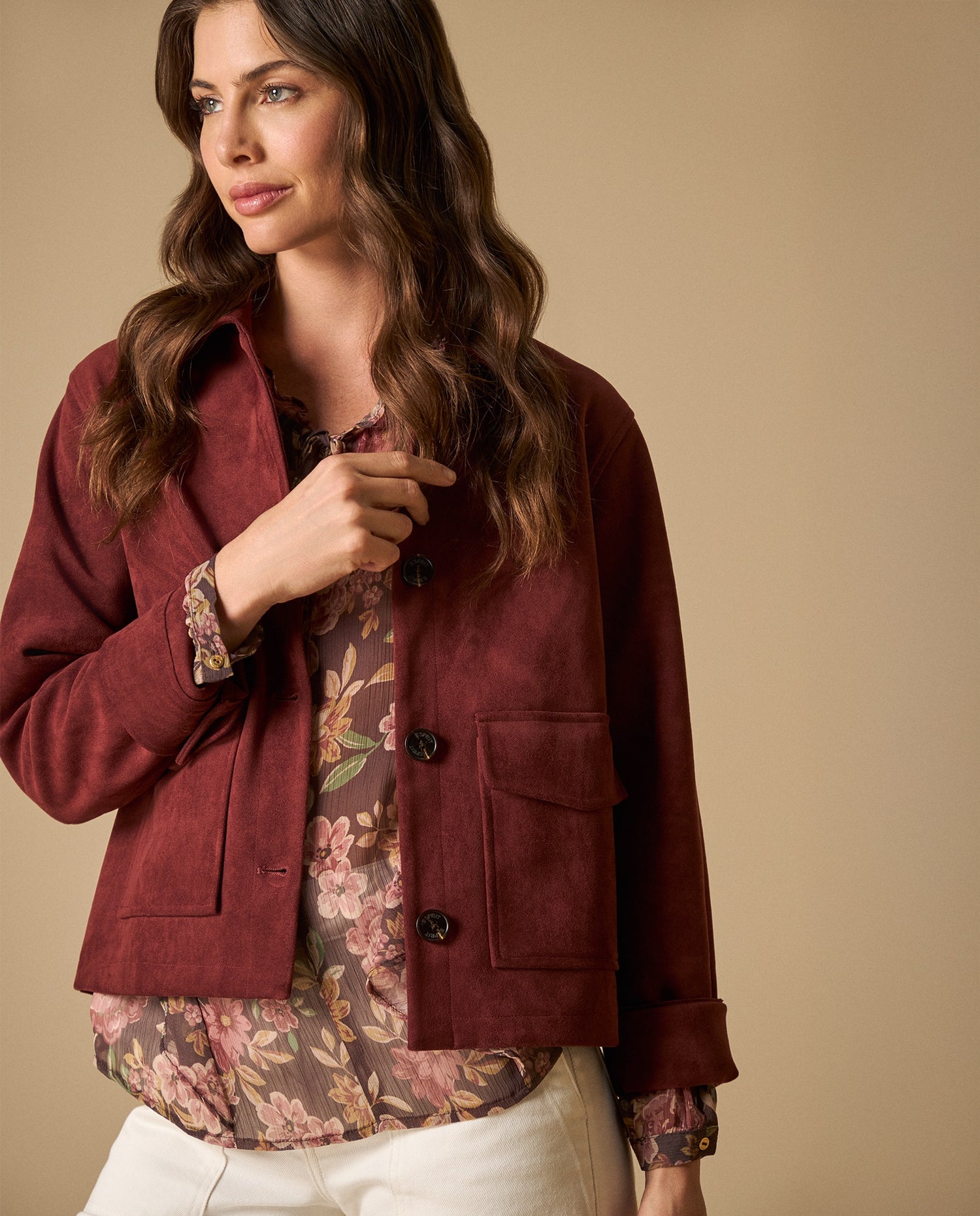 Chaqueta textura tipo ante largo medio - Rojo