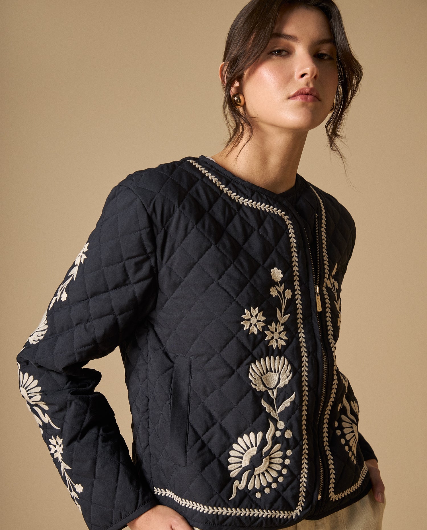Chaqueta bordada corta con forro - Azul