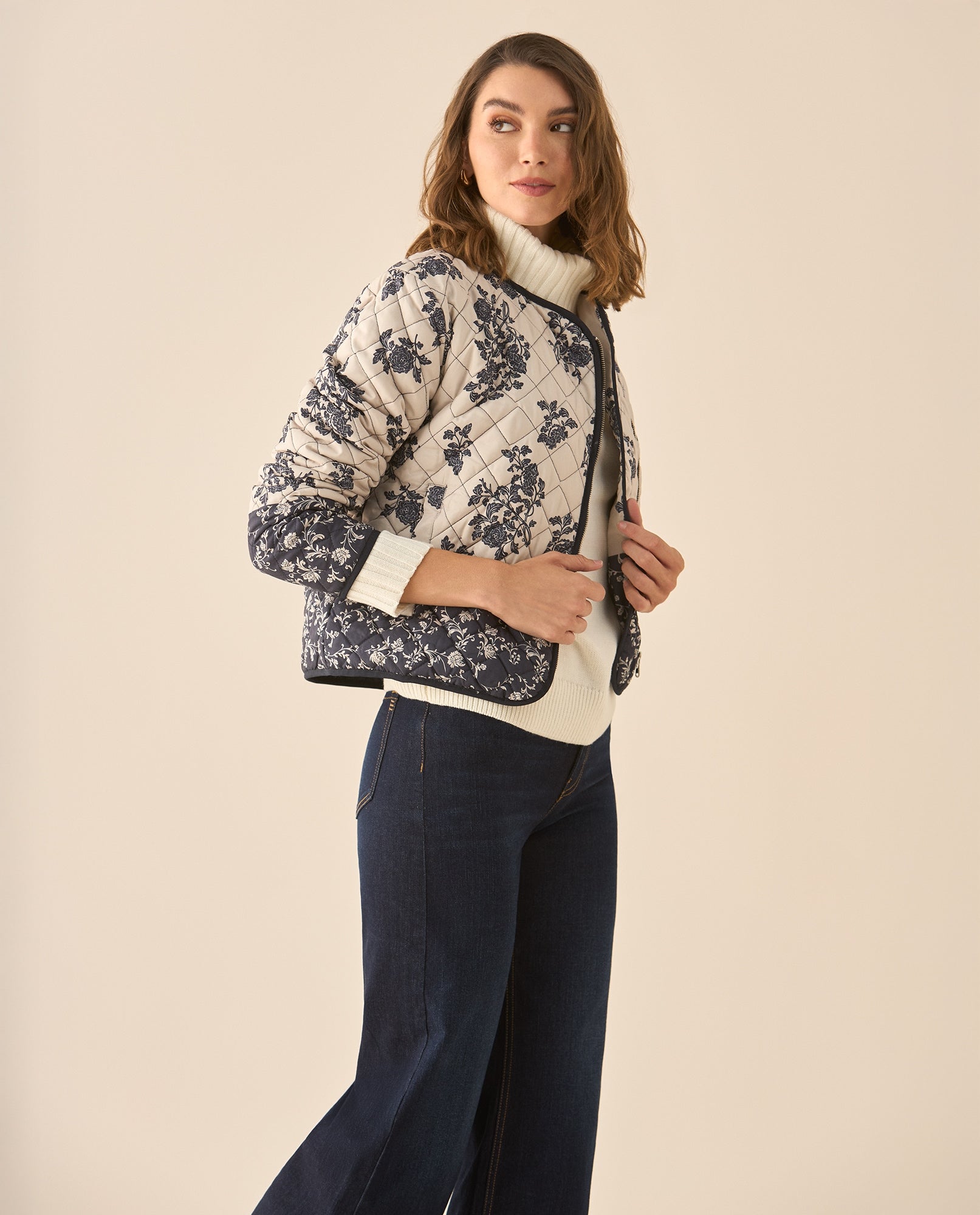 Chaqueta tipo abullonada con estampado de flores para mujer - Azul 34_622G209_AZU184022_0