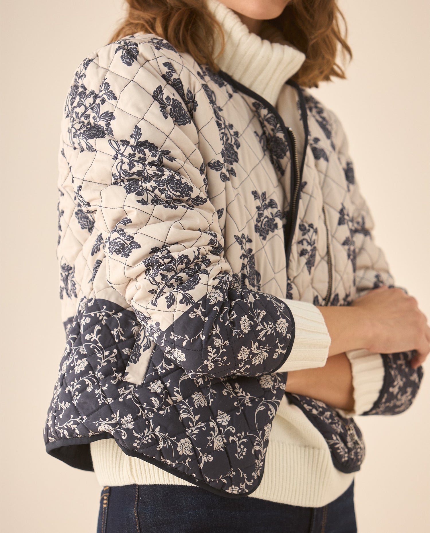 Chaqueta tipo abullonada con estampado de flores para mujer - Azul