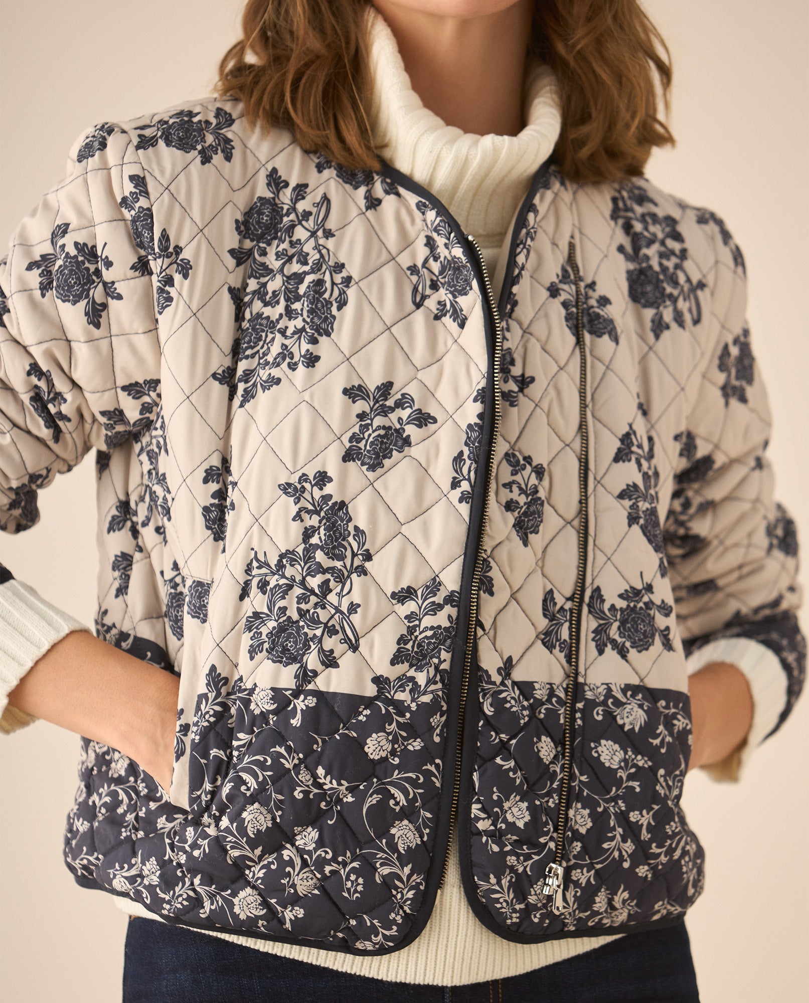 Chaqueta tipo abullonada con estampado de flores para mujer - Azul 34_622G209_AZU184022_4