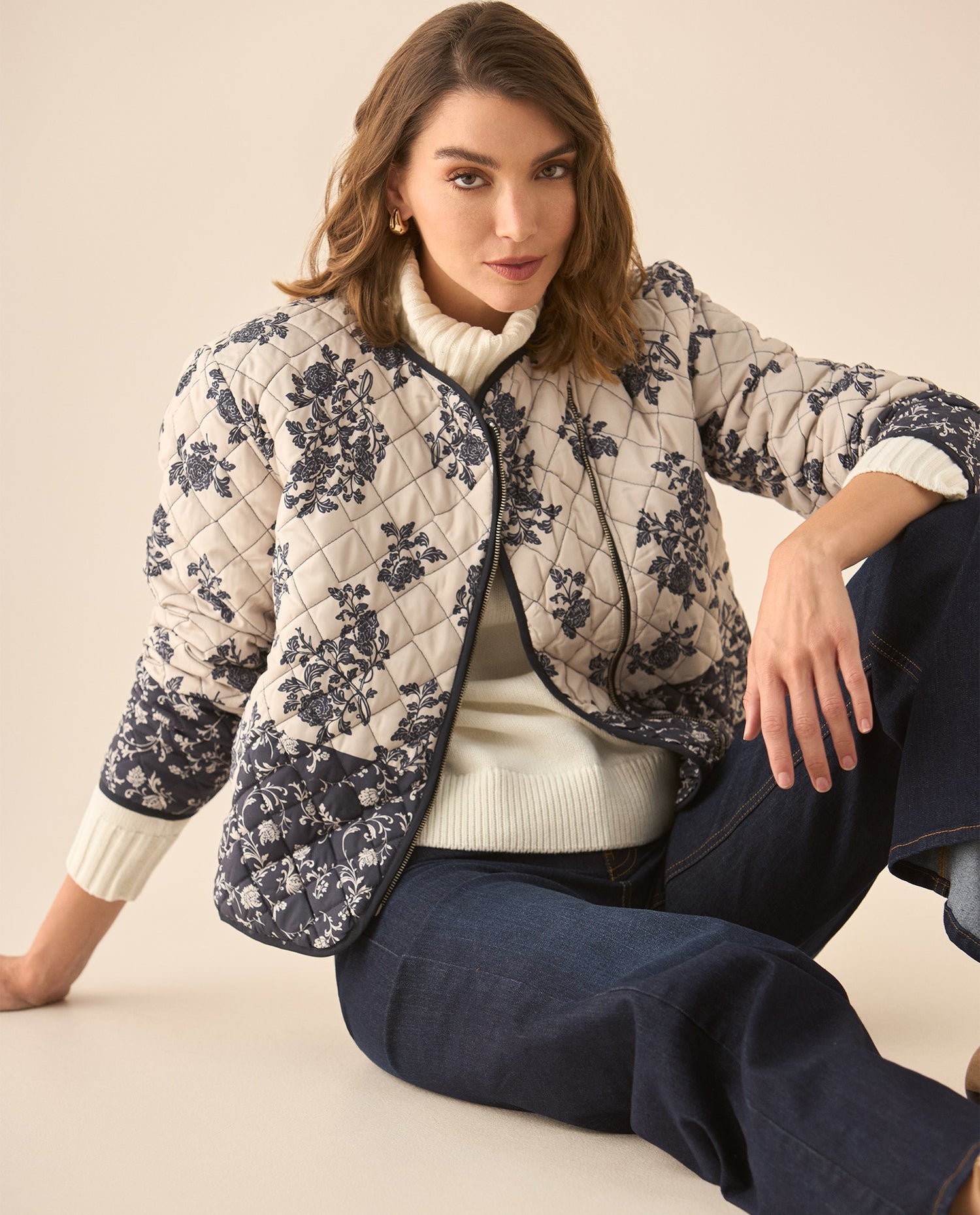 Chaqueta tipo abullonada con estampado de flores para mujer - Azul