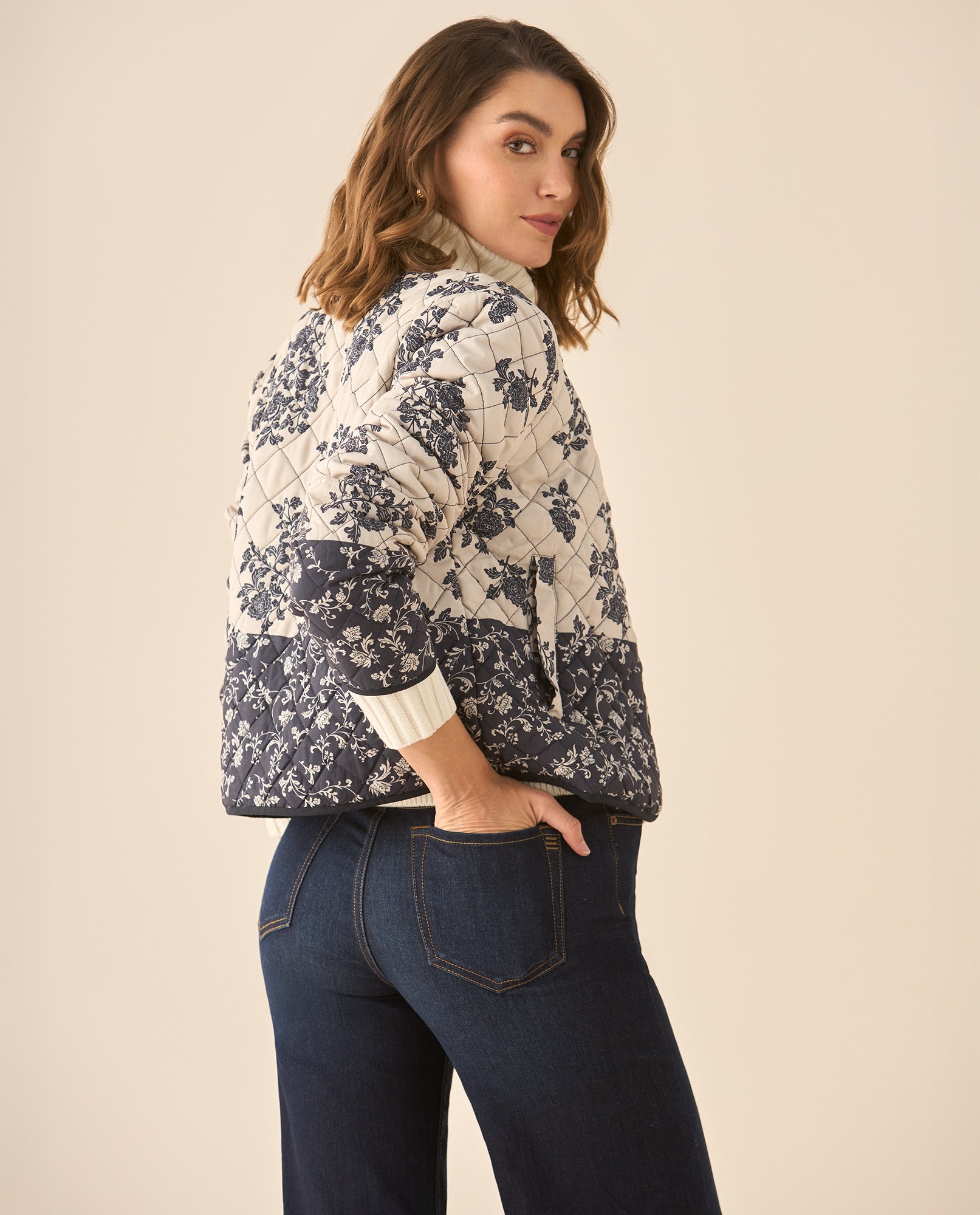 Chaqueta tipo abullonada con estampado de flores para mujer - Azul 34_622G209_AZU184022_6