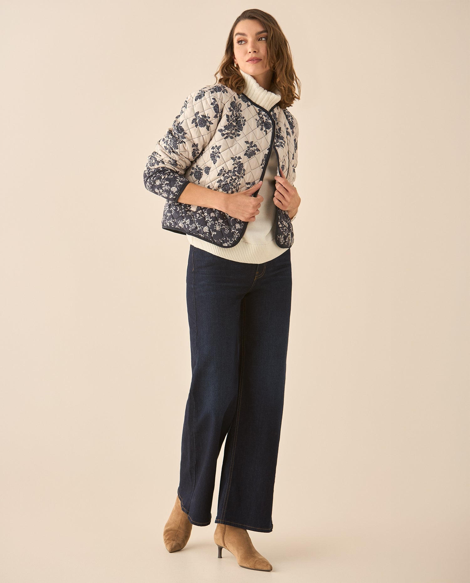 Chaqueta tipo abullonada con estampado de flores para mujer - Azul