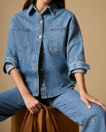 Chaqueta denim con bordado floral - Azul
